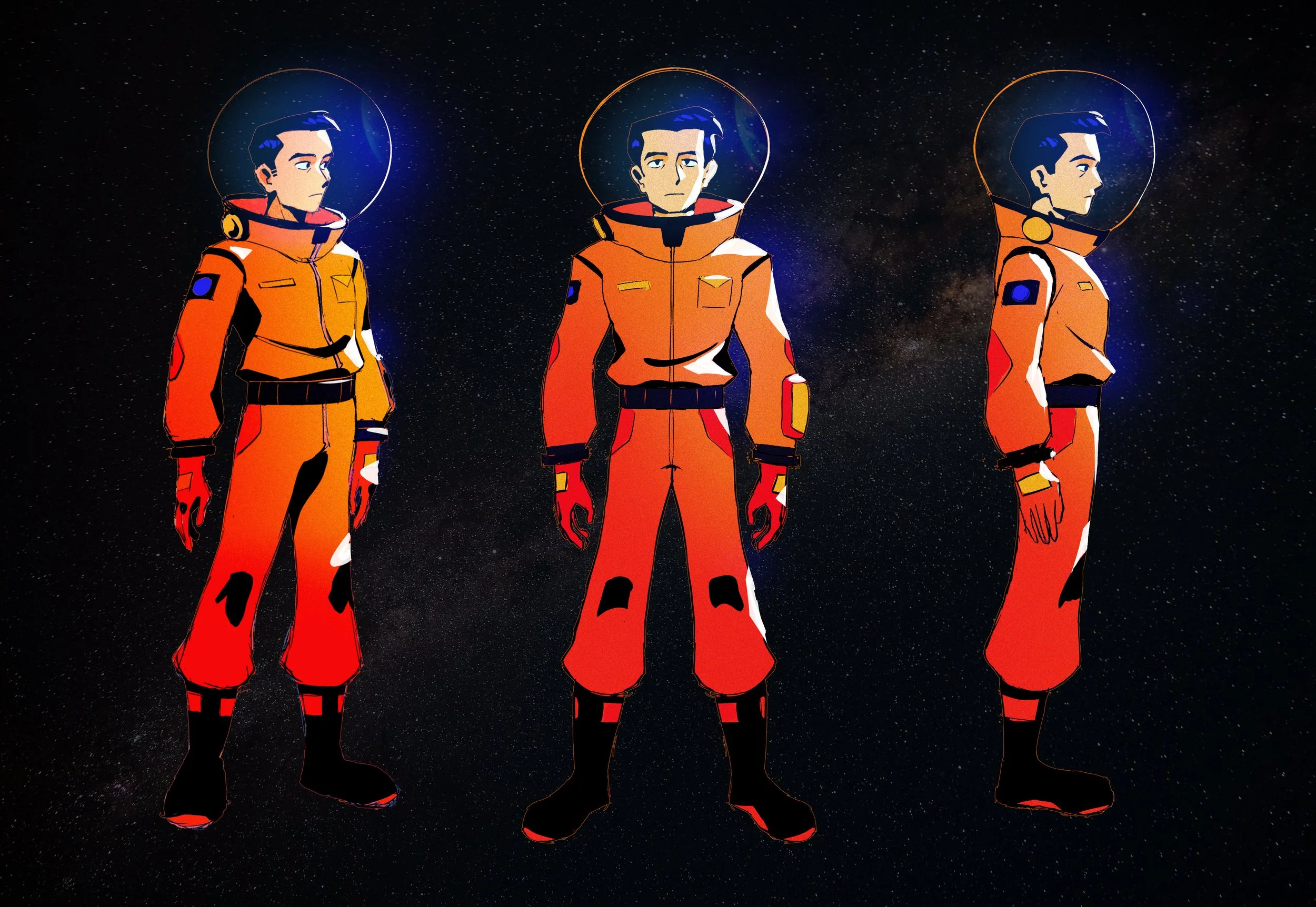 Three illustrated astronauts in orange spacesuits standing in space with a starry background.