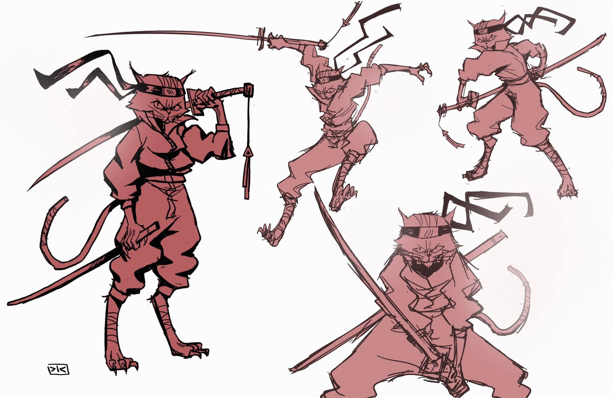 Sketch of multiple anthropomorphic rat characters dressed as warriors, wielding swords and spears.