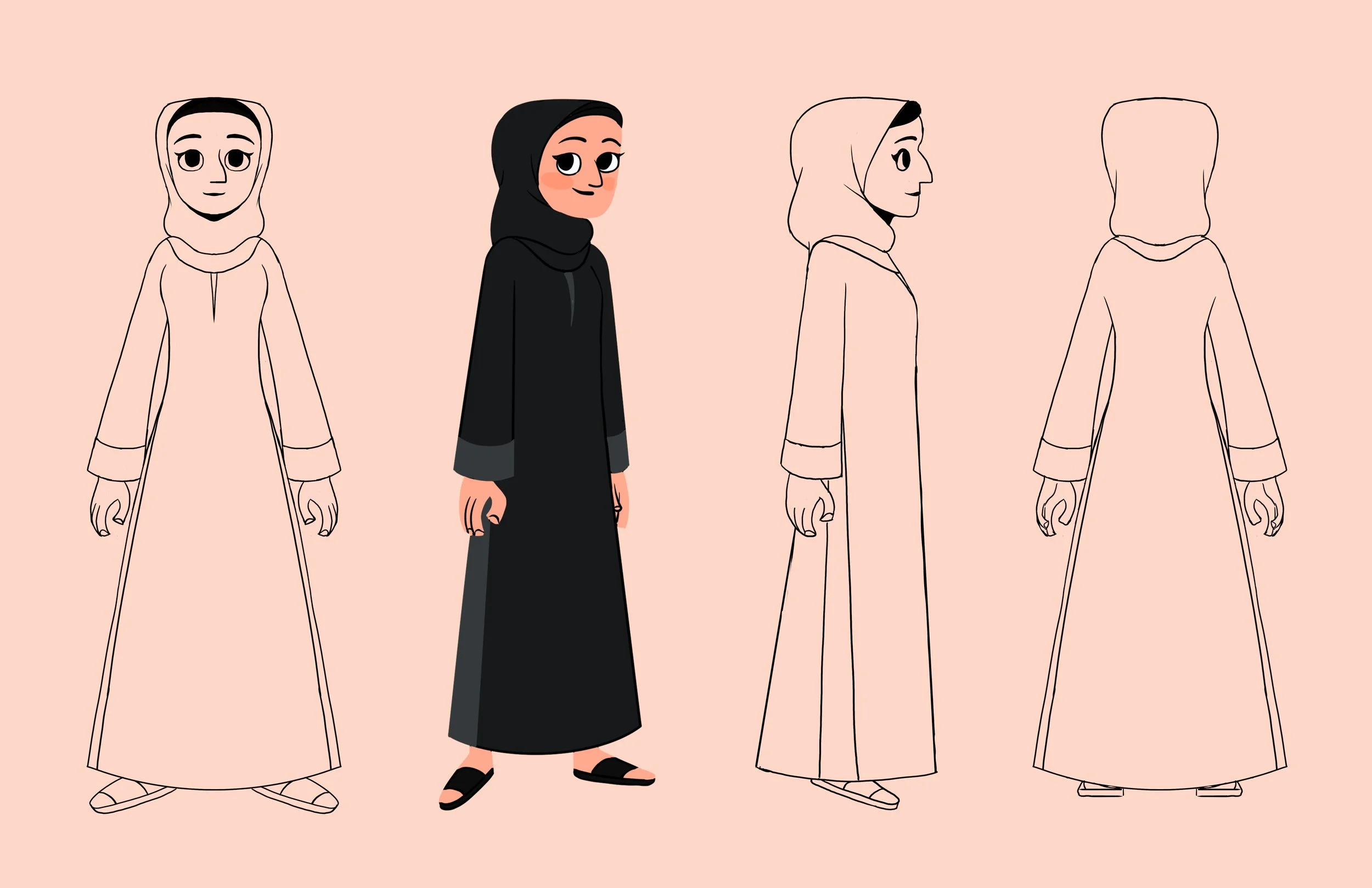A digital illustration showing four figures. The center figure is a woman wearing a black hijab and a long black dress, smiling and looking directly ahead. The other three figures are sketched outlines of the same woman in different angles, with the 