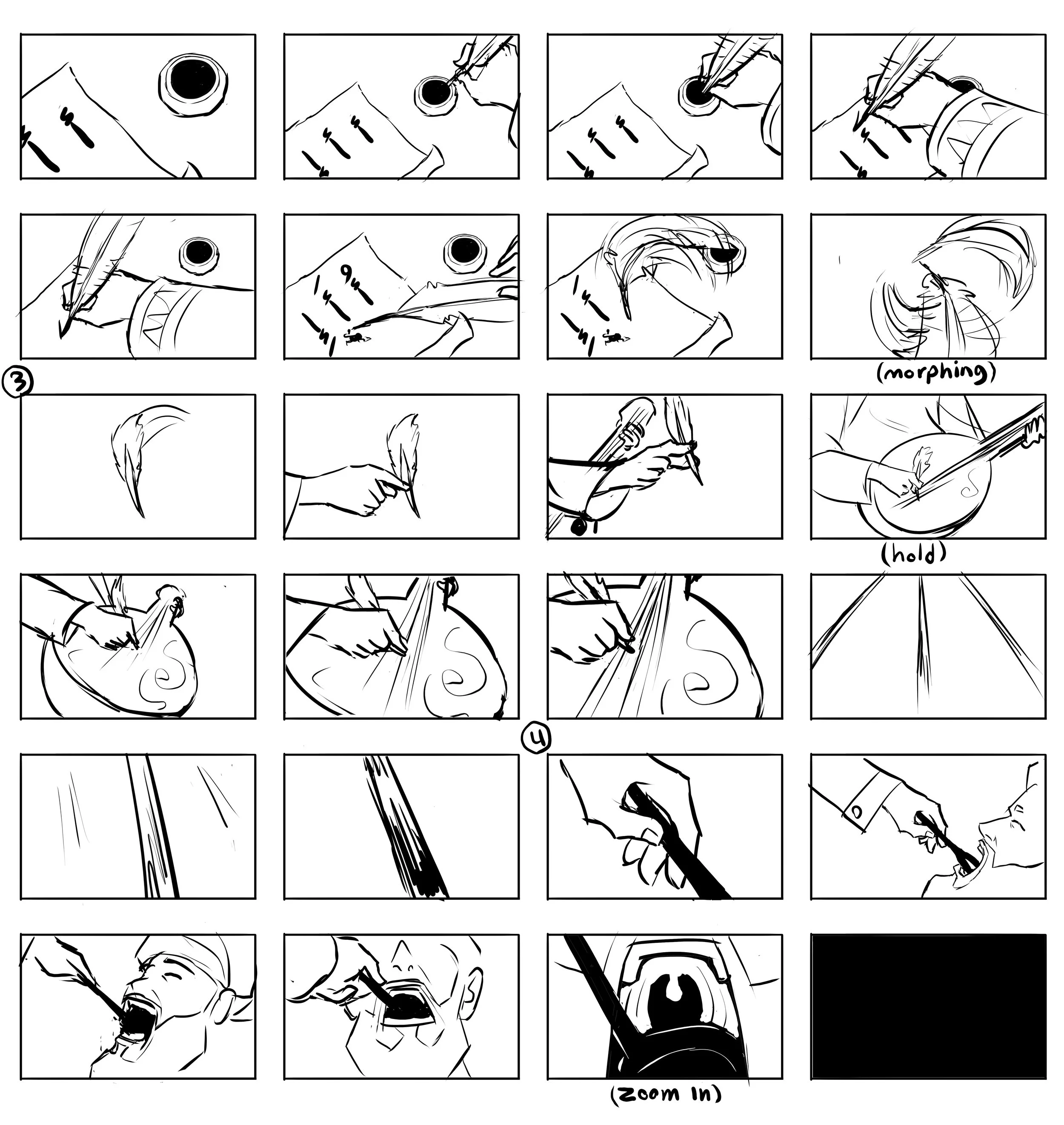 A comic strip showing a person writing on a sheet of paper, then morphing into a person playing a guitar, and finally zooming in on the guitar's strings and body.