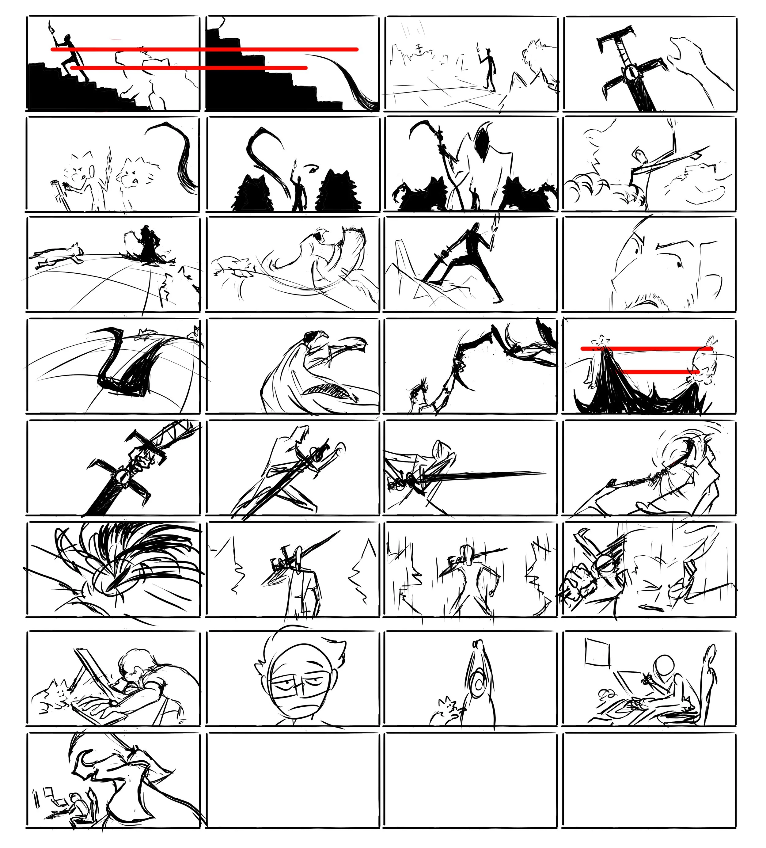 A comic strip with various black and white sketches of characters in different scenes, including a person climbing stairs, fighting with a sword, and a person reading a book.