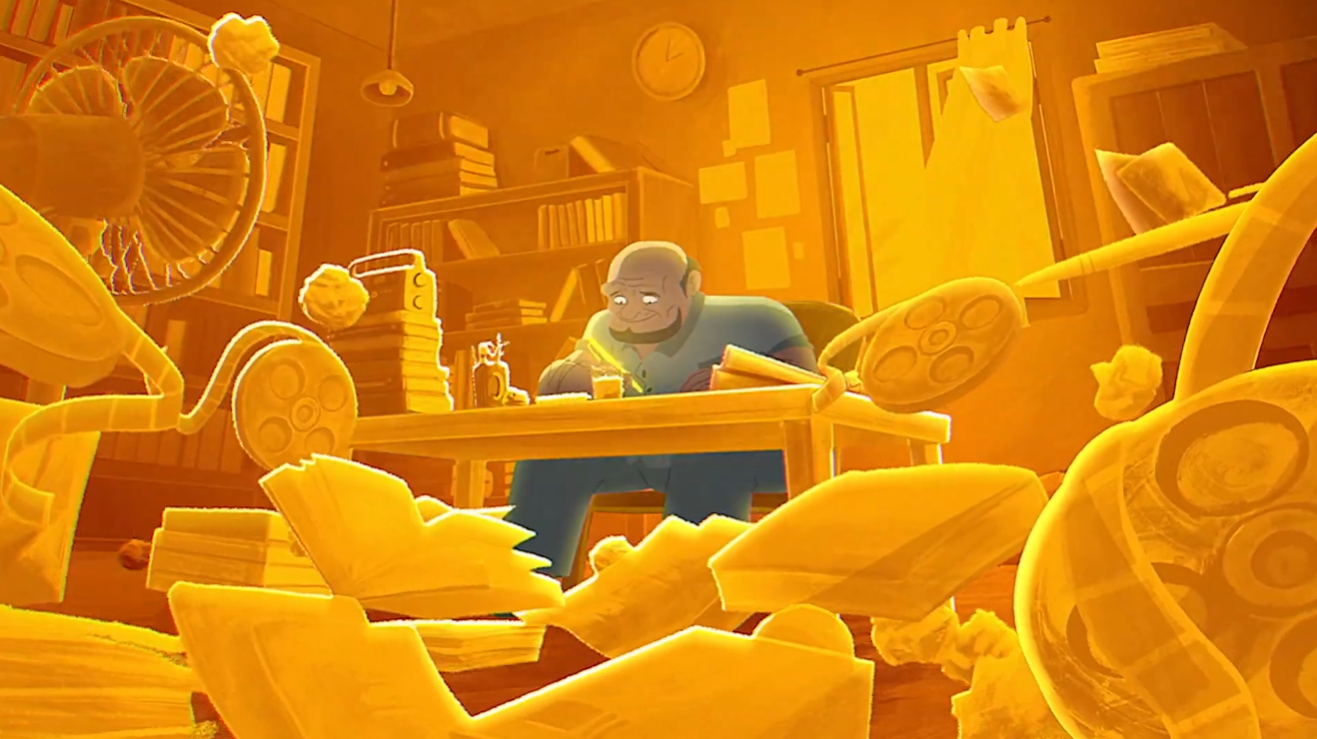 An animated scene shows a man working at a desk surrounded by flying and broken stacks of money, with a warm, yellow-orange glow.