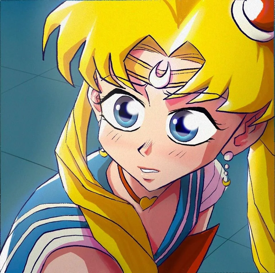 Close-up of an anime-style character with long blonde hair, big blue eyes, and a tiara. The character is looking upward with an expressive face.