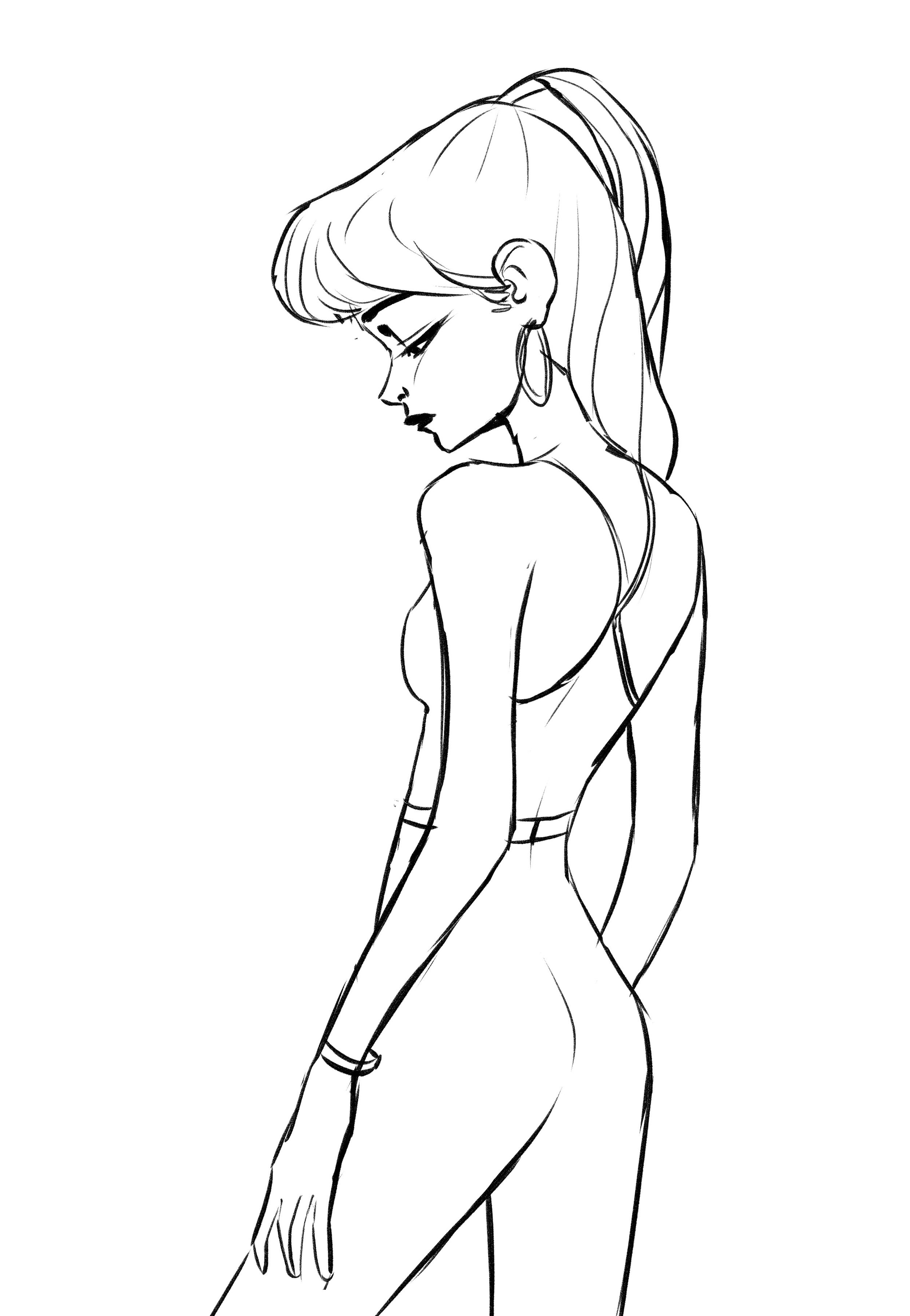 A black and white sketch of a woman with long hair, earrings, and a strapless dress, walking with her back slightly turned and her head bowed.