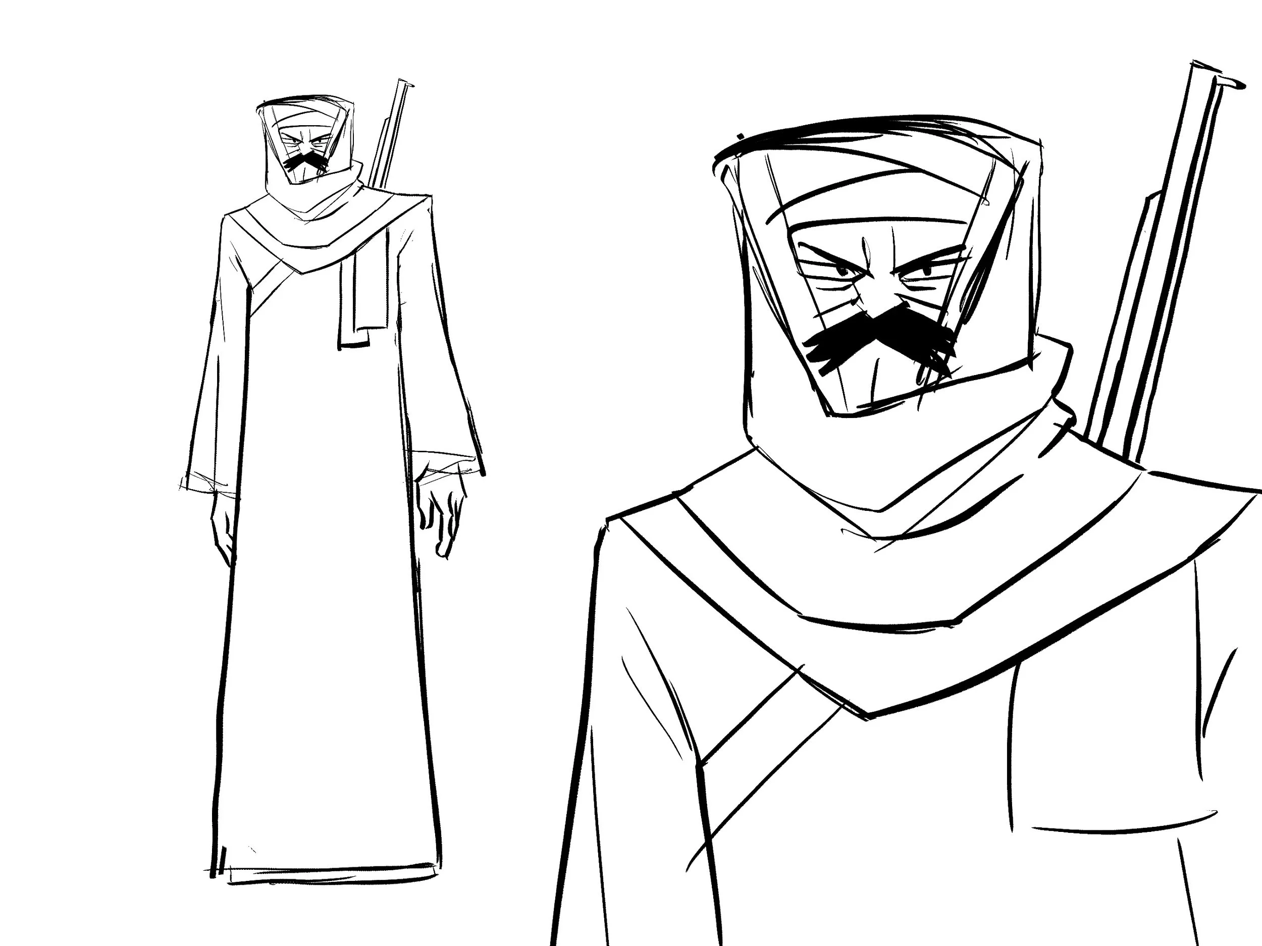 Sketch of two warrior characters with swords, one in the background and one in the foreground.