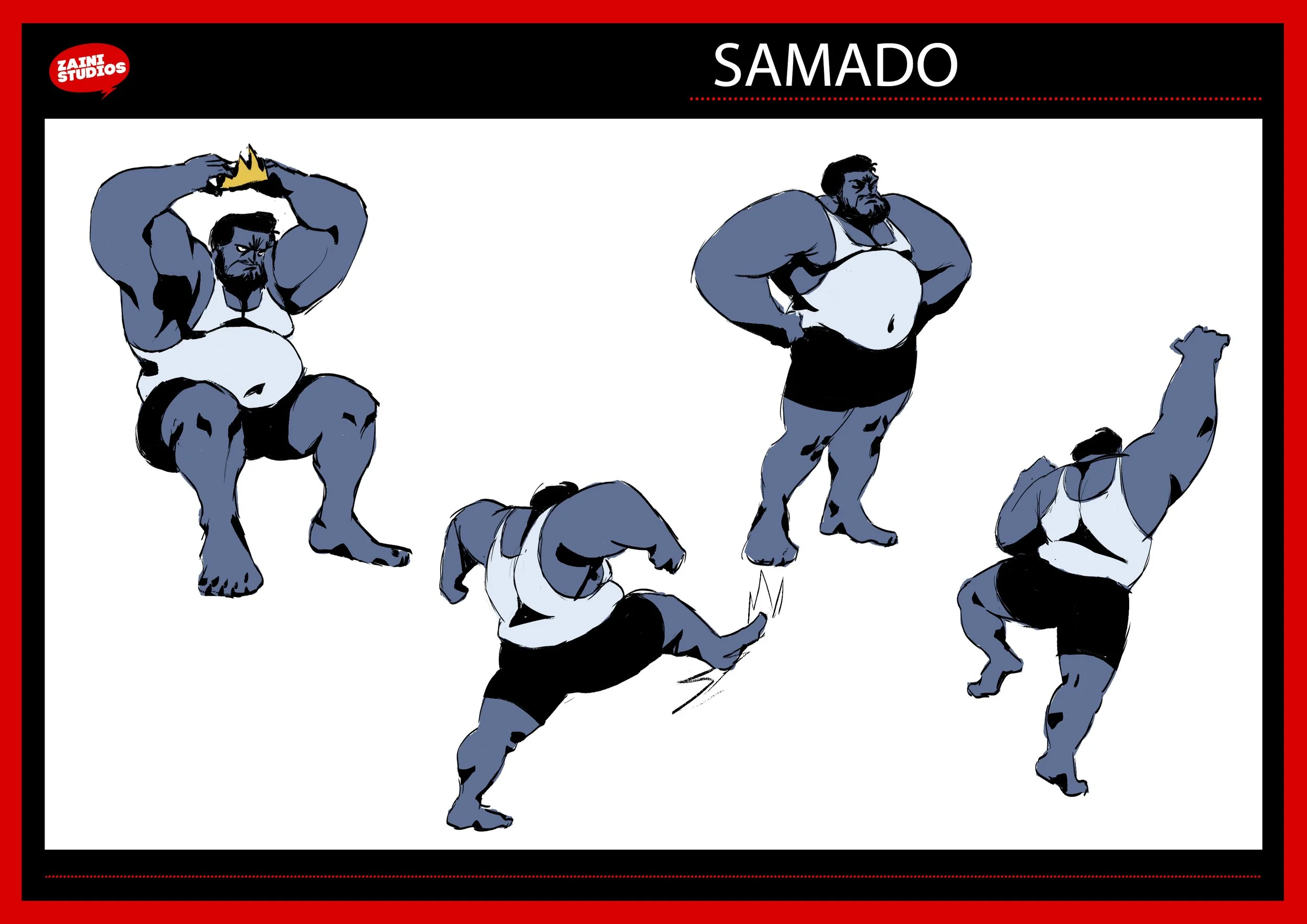 Illustration of the character Samado in various poses, with a muscular build, black hair, and wearing dark shorts, against a white background, on a red and black themed card from Zaint Studios.