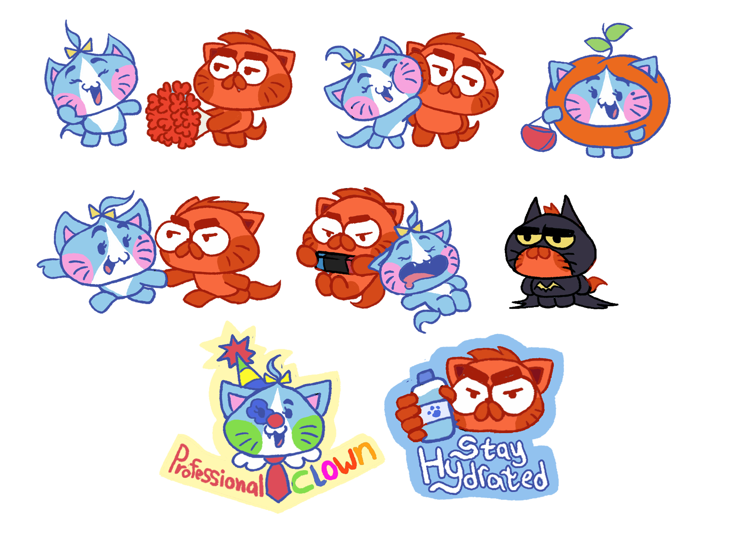 A group of colorful cartoon cats dressed as various professionals and characters, some with props like books, a symbol for stay hydrated, and costumes such as a bat and pumpkin, with playful expressions.