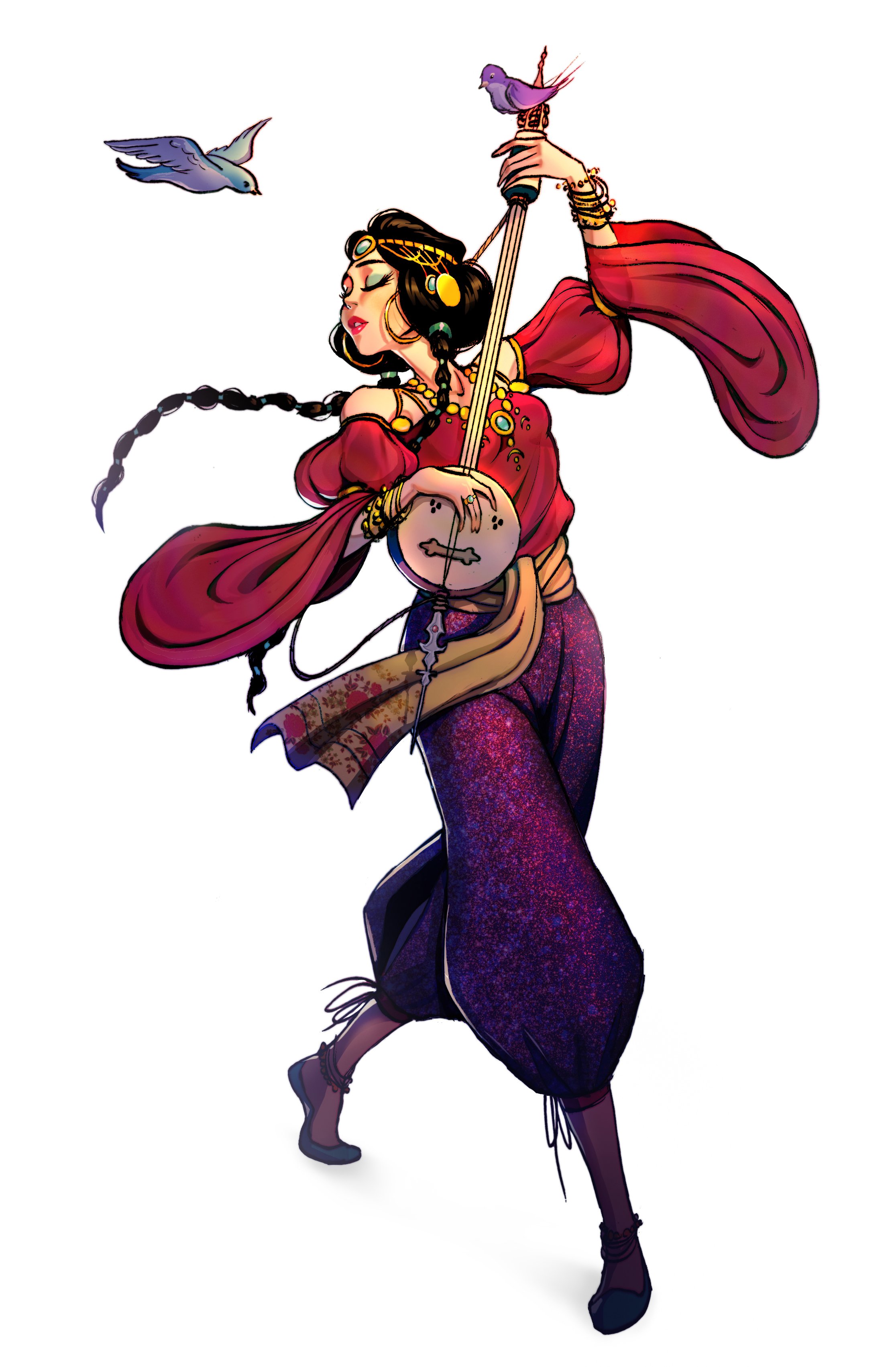 A woman in traditional Indian attire playing a musical instrument, with two birds flying nearby.
