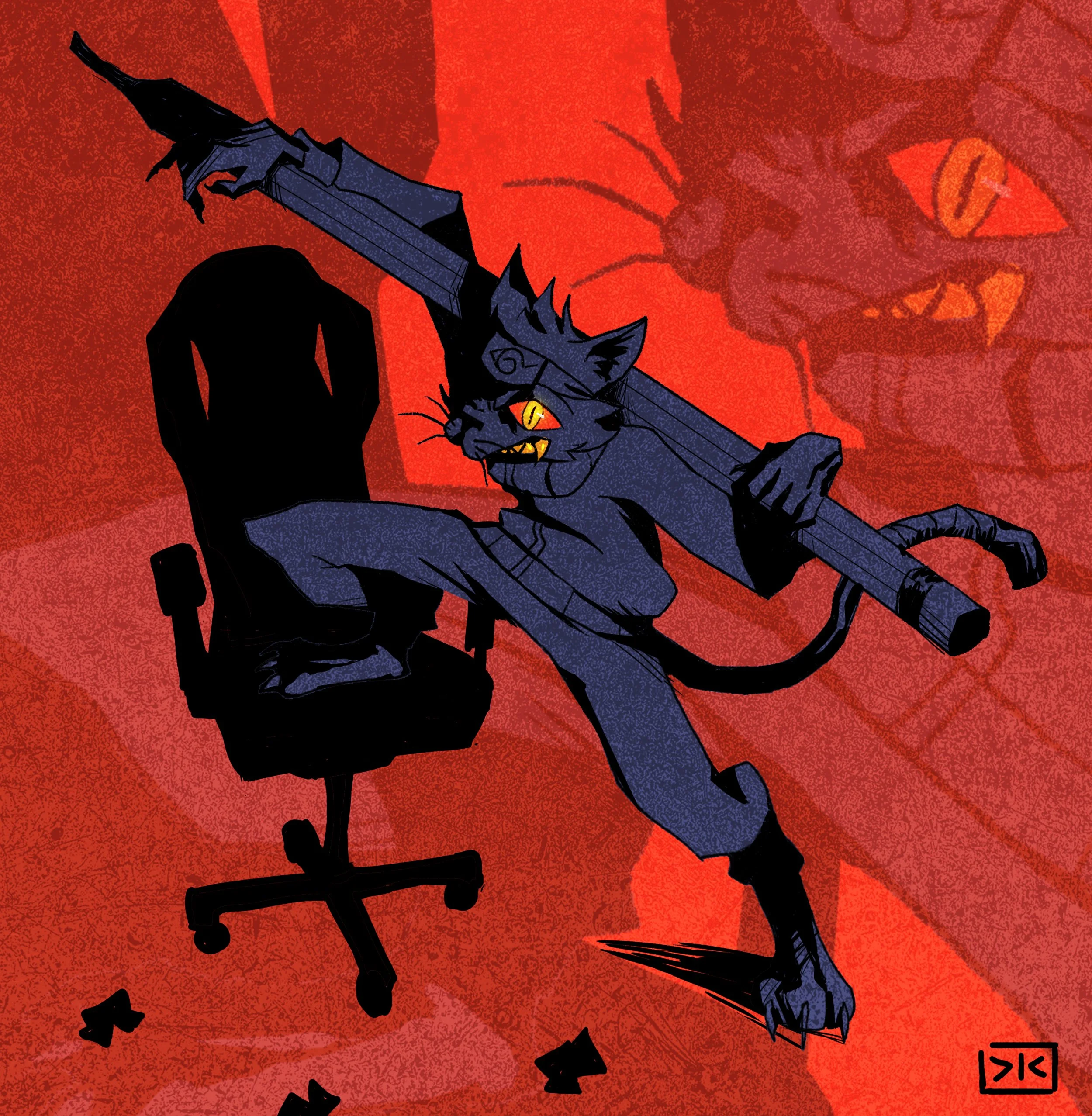 A cartoon black cat with yellow eyes sitting on an office chair, holding a katana sword, with a large red background featuring a stylized spider and orange pumpkin-like design.