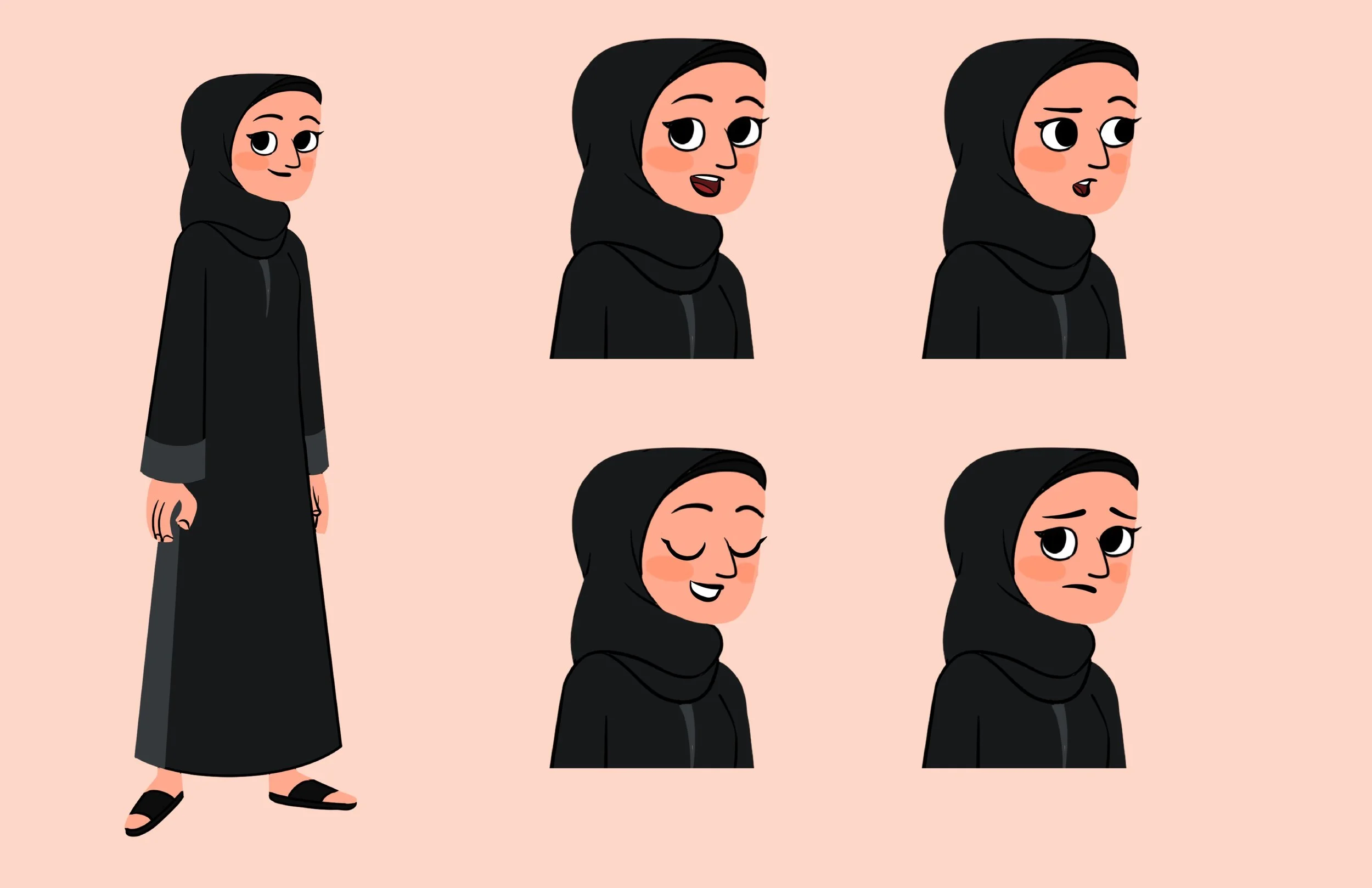 A digital illustration of a woman in a black hijab and long black dress showing different facial expressions, including happy, surprised, and sad.