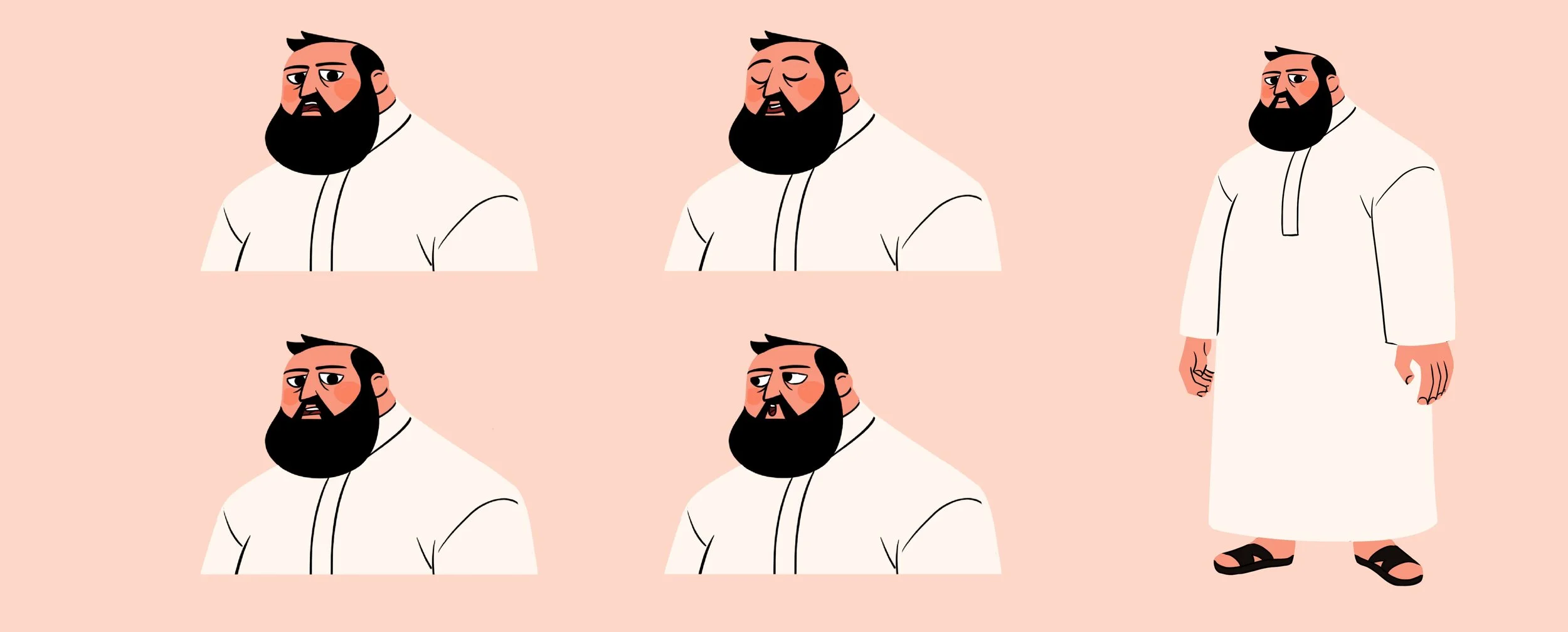 A cartoon illustration of a man with a beard in traditional Middle Eastern clothing shown in five different facial expressions and body positions on a peach background.