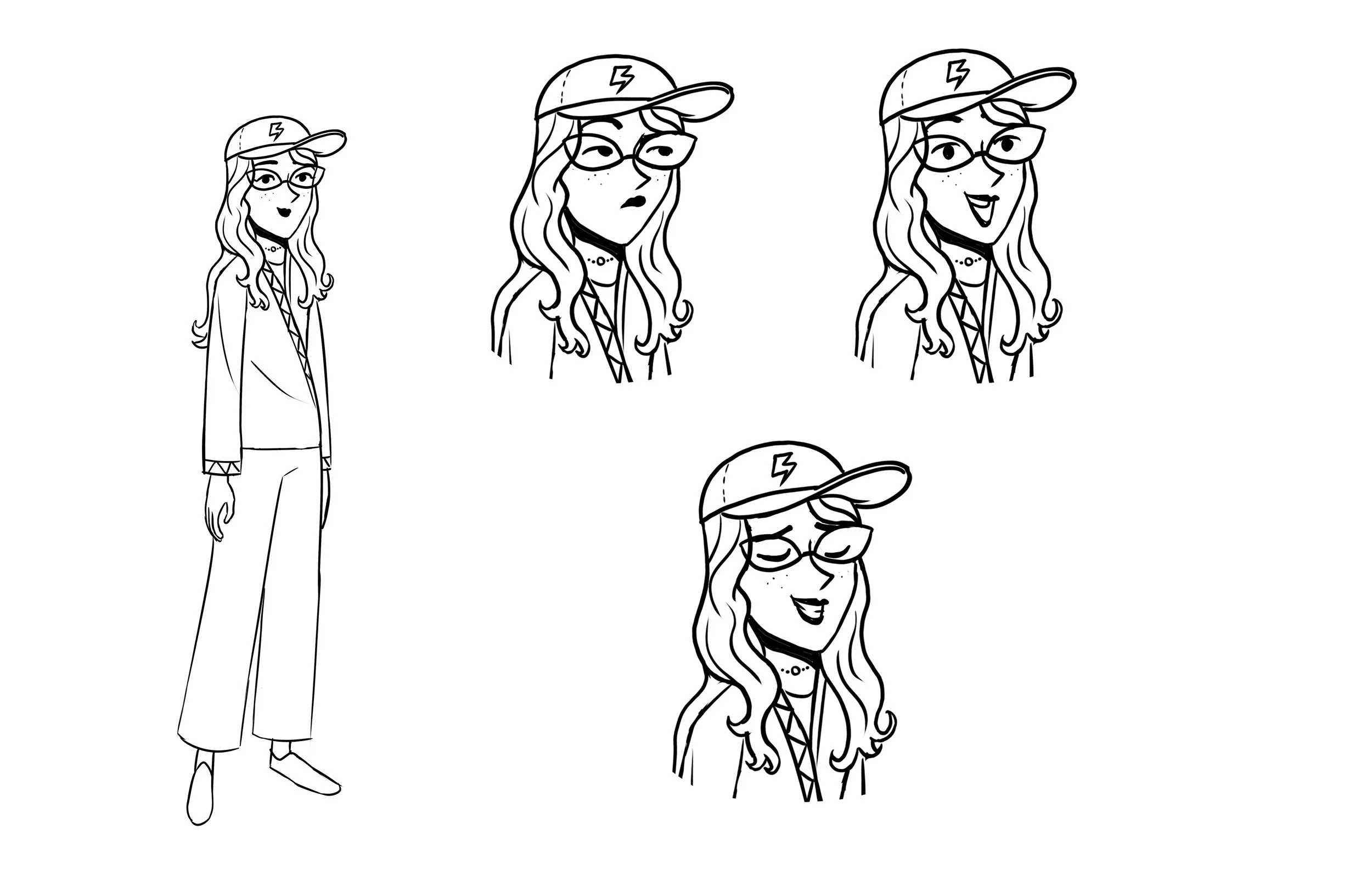 Black and white line drawing of a female cartoon character in three different facial expressions, wearing glasses and a baseball cap with a lightning bolt symbol, long wavy hair, a choker, and casual clothing.