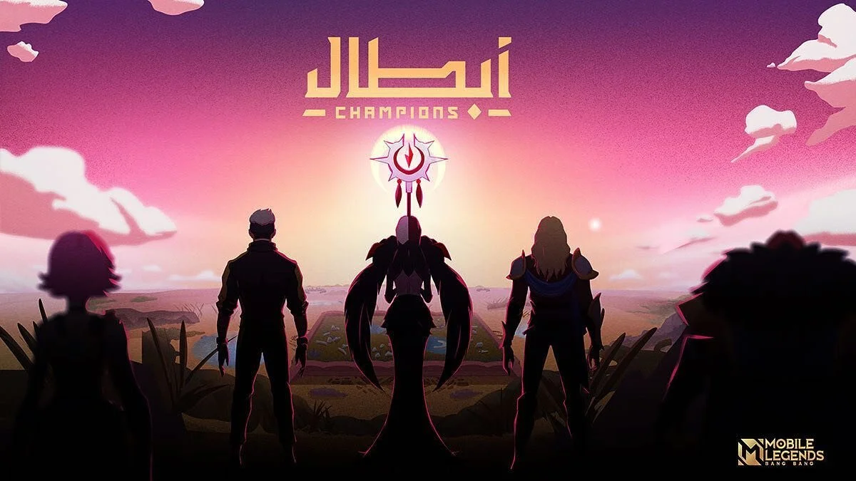 Five silhouetted characters stand on a landscape at sunset, with a portal and a champion's symbol in the sky. The words "Champions" and Arabic script are above, and the Mobile Legends logo is in the bottom right corner.