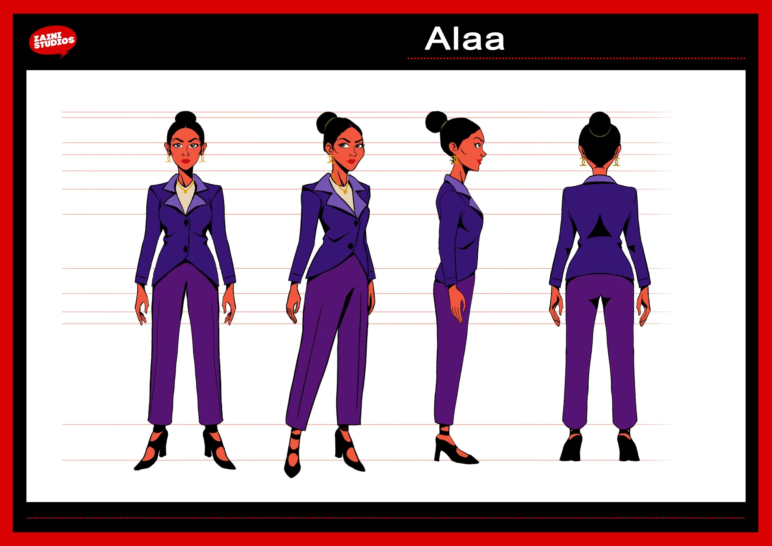 Illustration of a woman with three different profile views in a purple business suit with high heel shoes, standing against a lined background with a black and red border.