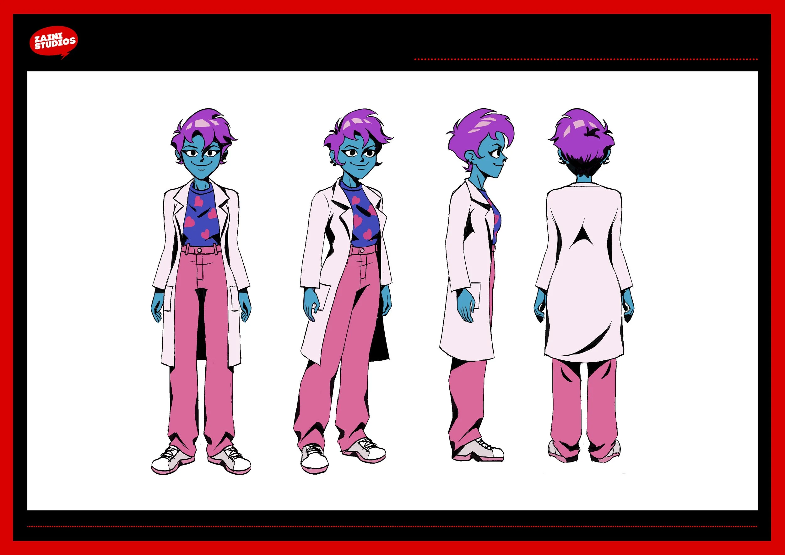 A character sheet showing four different views of a cartoon character with blue skin, purple hair, and a white lab coat, pink pants, and sneakers.