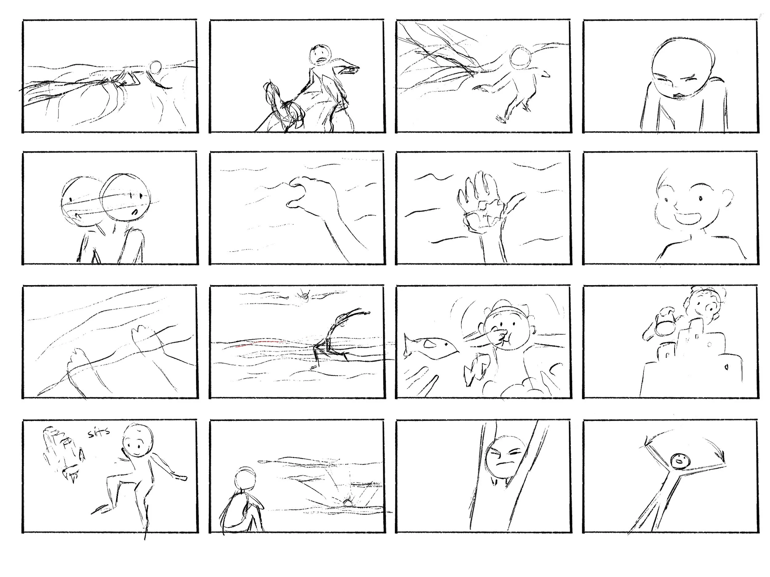 Series of sketches depicting a person on a beach, encountering a fish, and interacting with other beachgoers and the ocean.