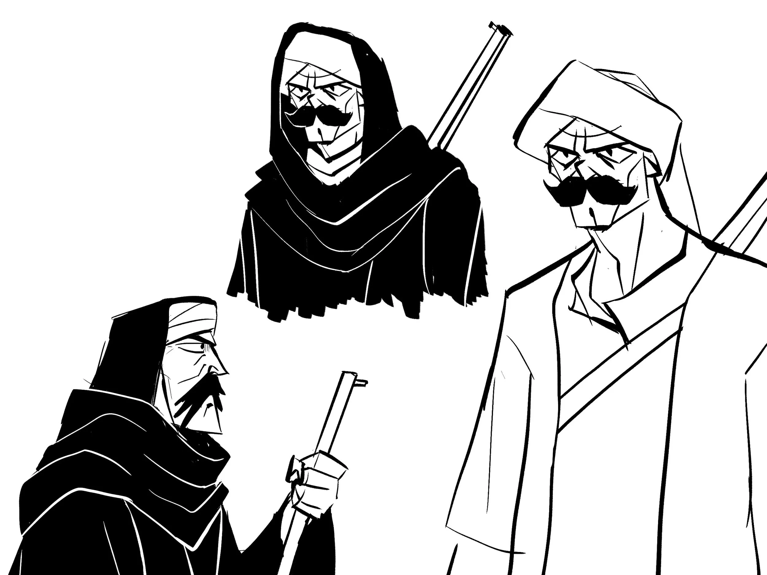 Black and white line drawing of three skeletons wearing pirate costumes, with two skeletons wearing hats and sunglasses, and one holding a mug.
