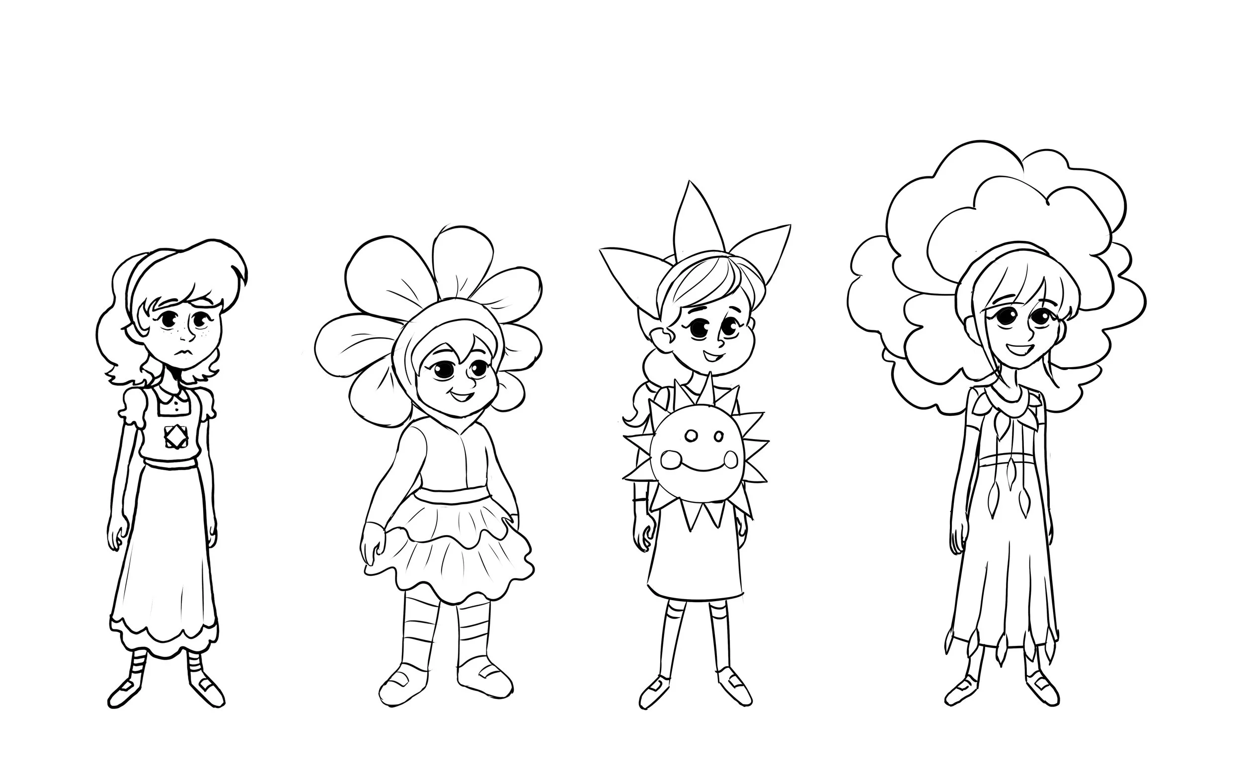 Line drawing of four children in Halloween costumes standing side by side.