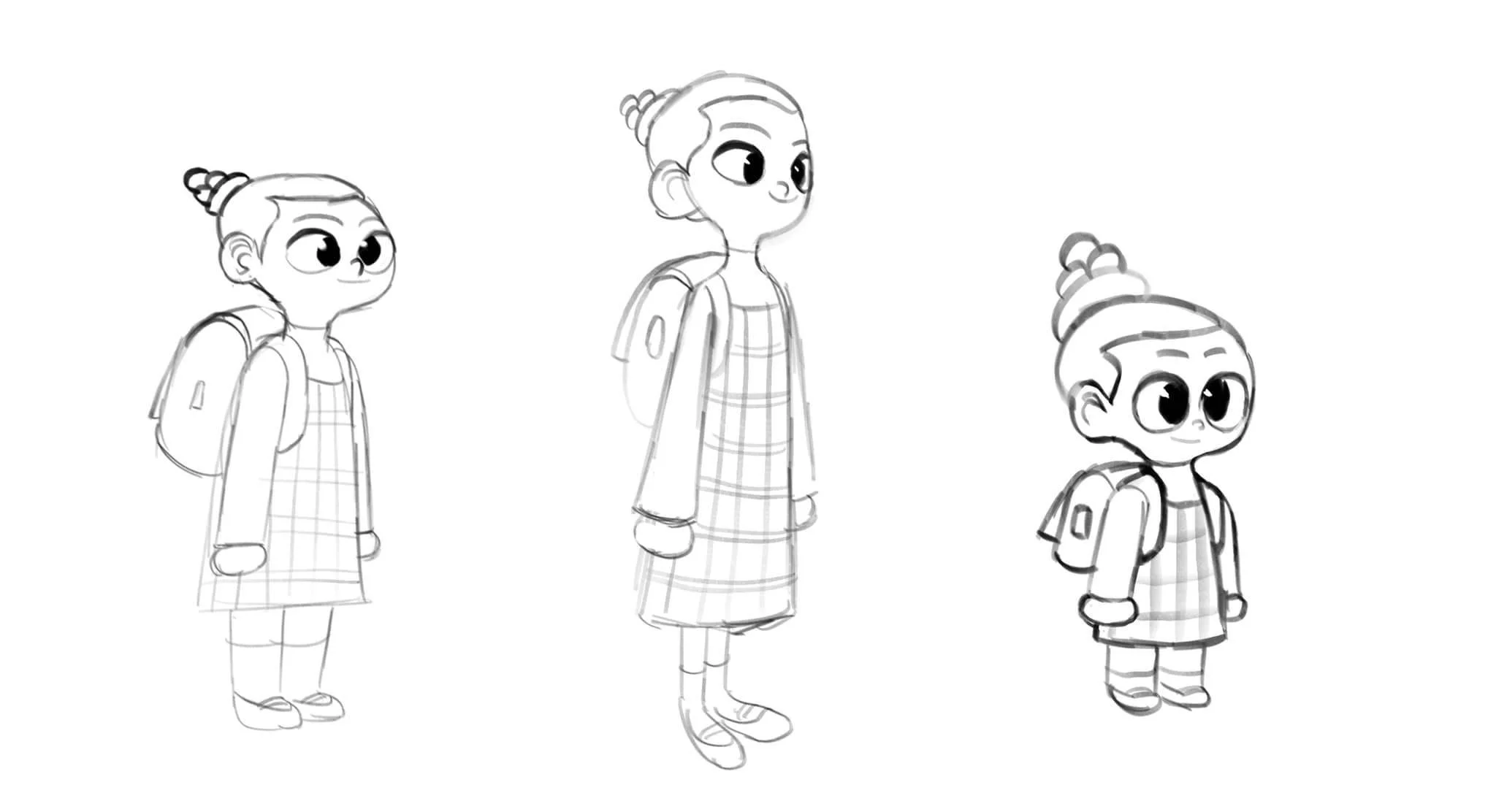 Line drawing of a young girl with a bun hairstyle, wearing a checkered dress and backpack, seen in three different positions.