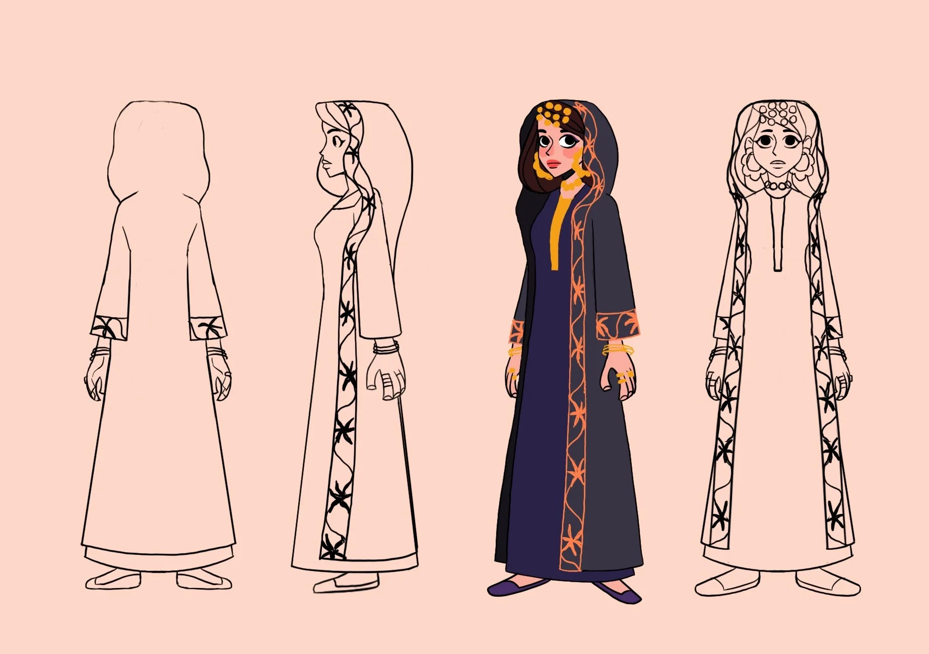 Four fashion design sketches of a woman in traditional attire. The first, third, and fourth sketches are in black and white outline with detailed clothing patterns. The second sketch is a colored version with black hair, a long dress, and an outer ga