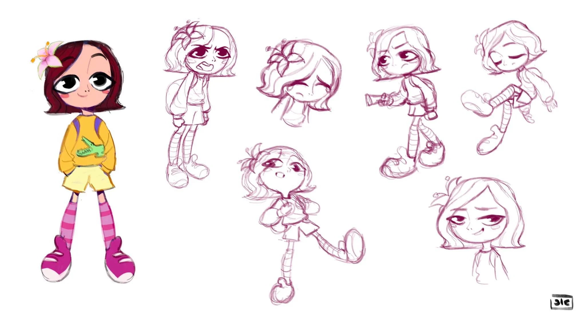 Colored illustration of a young girl with short dark red hair, large eyes, pink and purple striped socks, pink shoes, and a yellow hoodie with a green alligator logo, standing confidently. Surrounding her are sketches of different facial expressions 