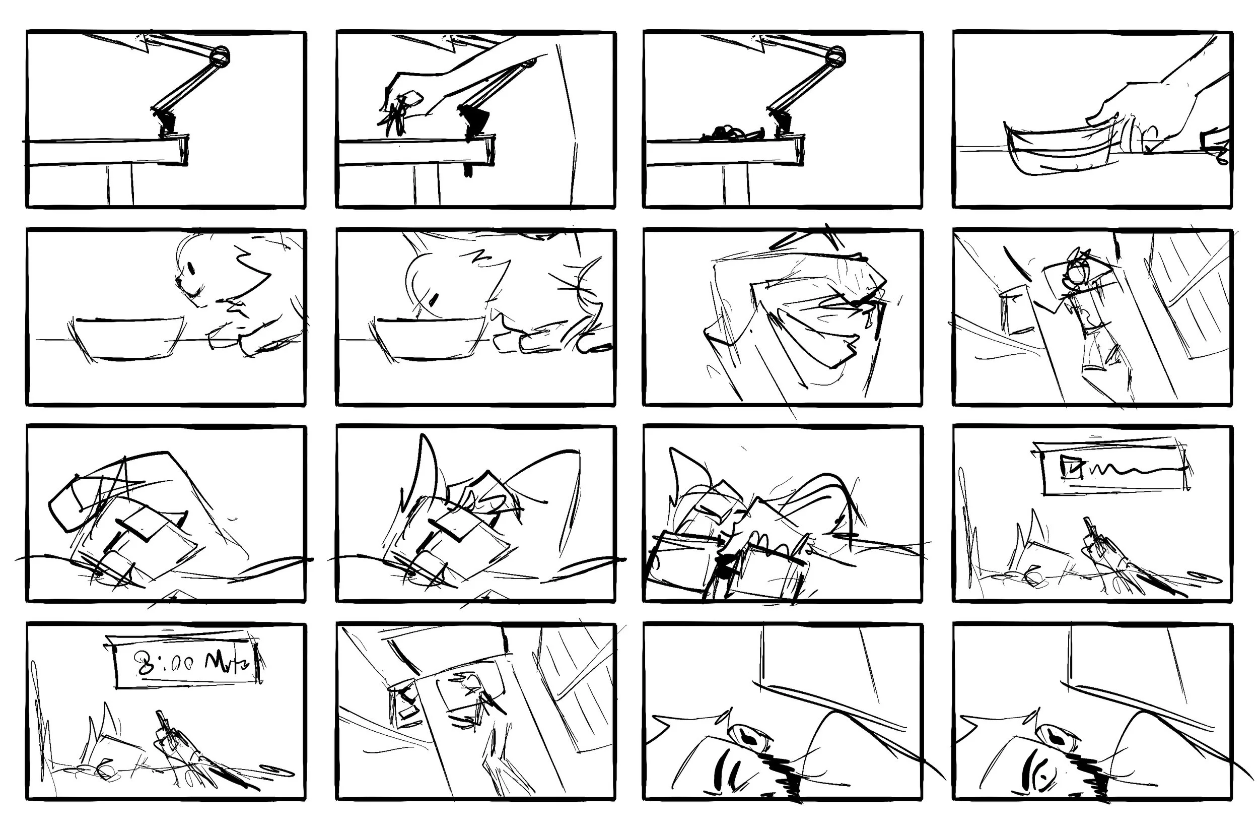 Comic strip storyboard with multiple sketches depicting the process of cooking breakfast, including a timer and a cat.