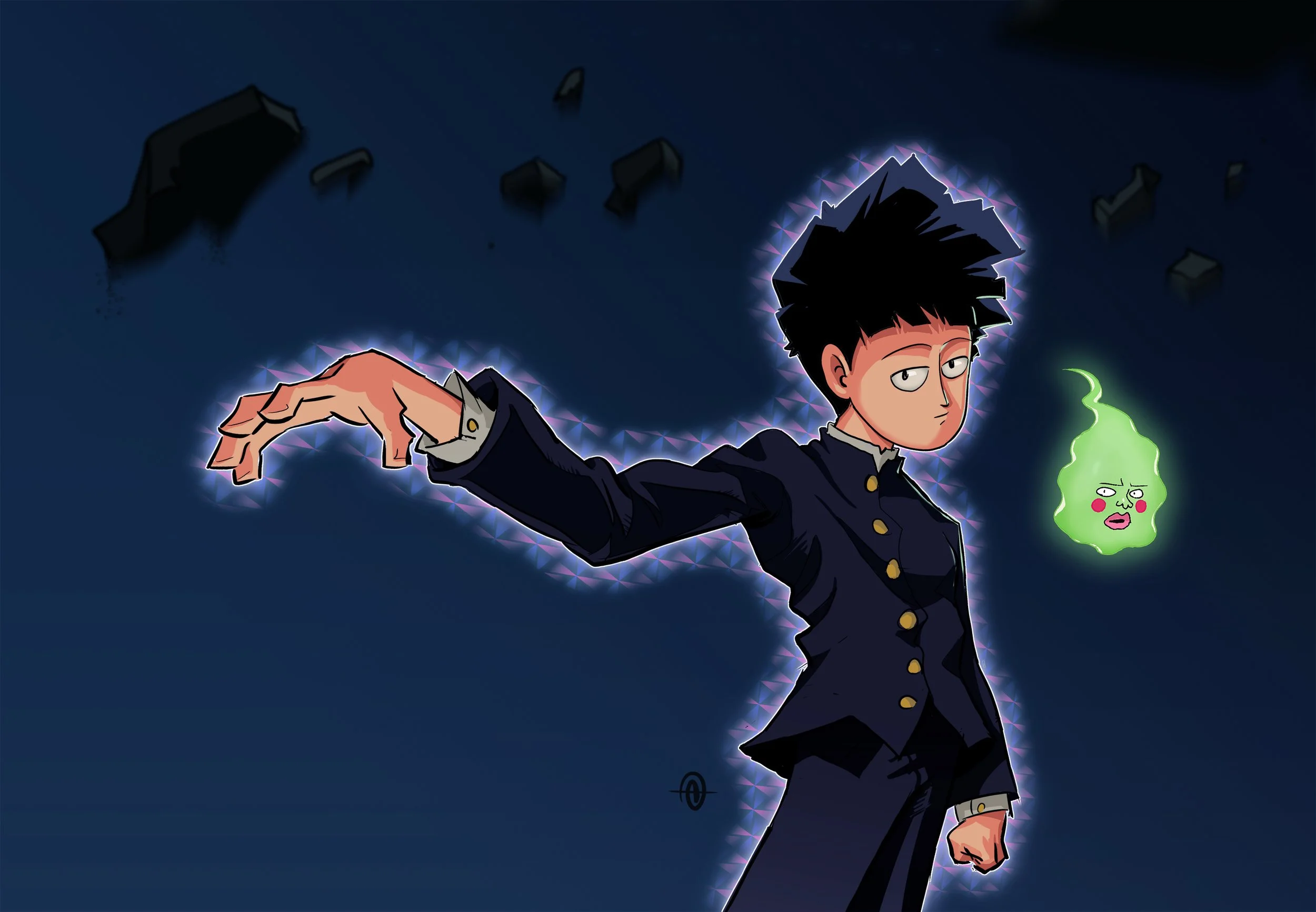 Anime-style character in a school uniform with spiky black hair, extending his arm with glowing energy, and a small green ghost-like figure with a face floating nearby, set against a dark background with floating debris.