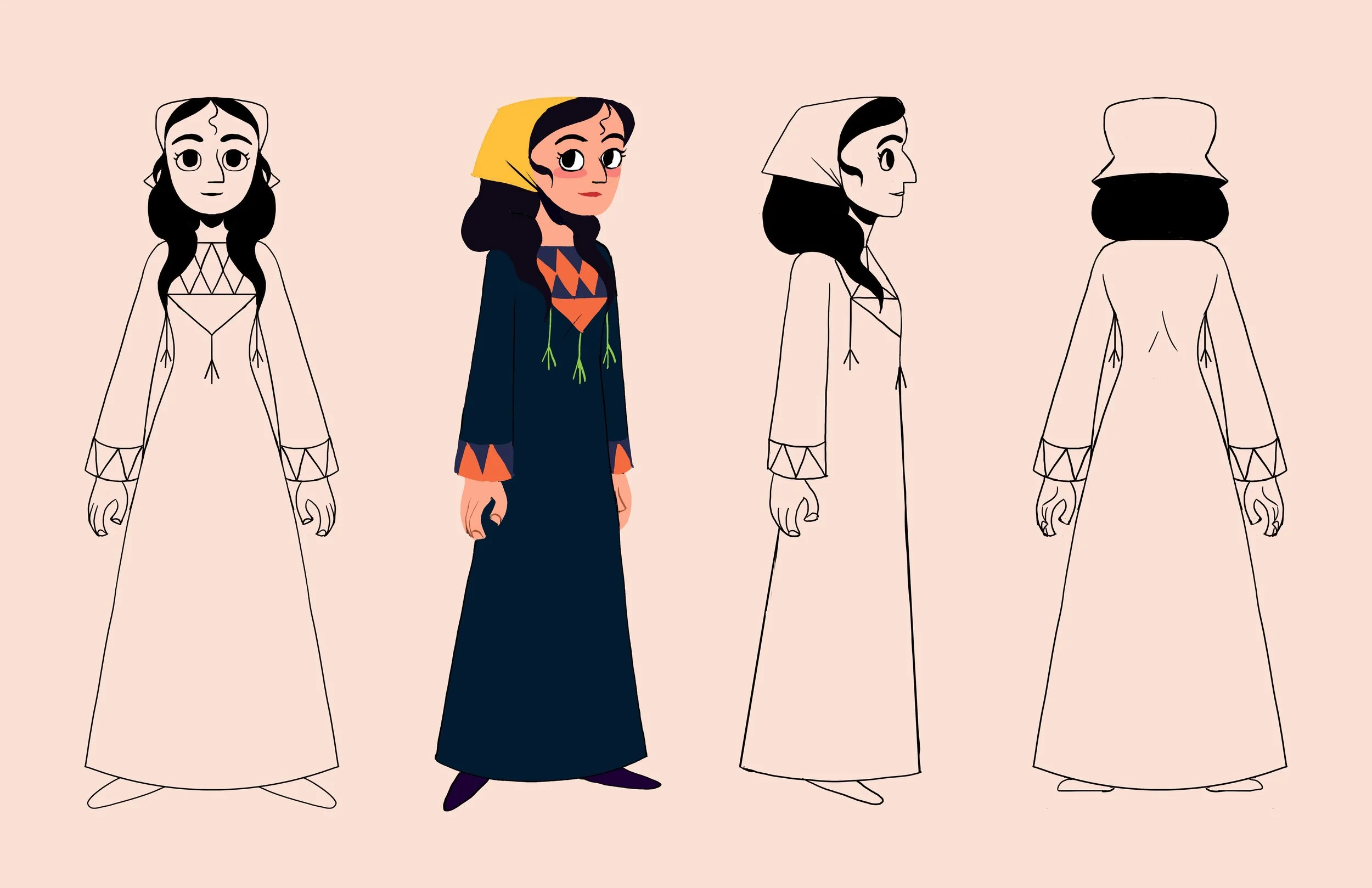 A person illustration showing different stages of a character's clothing changes, from outlined sketches to a fully dressed woman wearing a long dark dress with a headscarf, next to cartoons of a woman in a long dress with a headscarf.