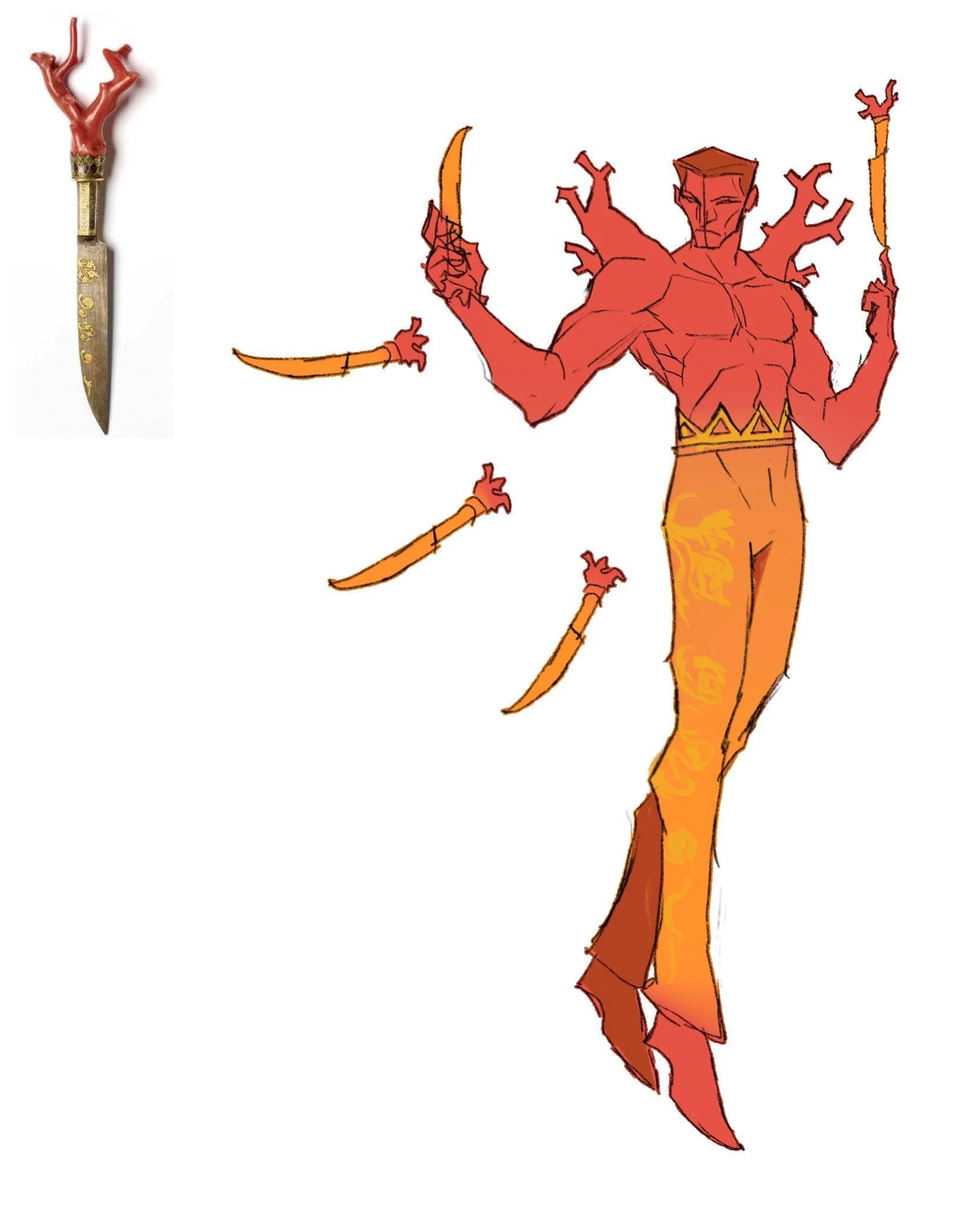 Illustration of a human-like figure with a muscular build, reddish skin, multiple branching horns or antlers on the back, holding a curved orange blade in each hand, dressed in orange pants with a yellow pattern on the waistband.