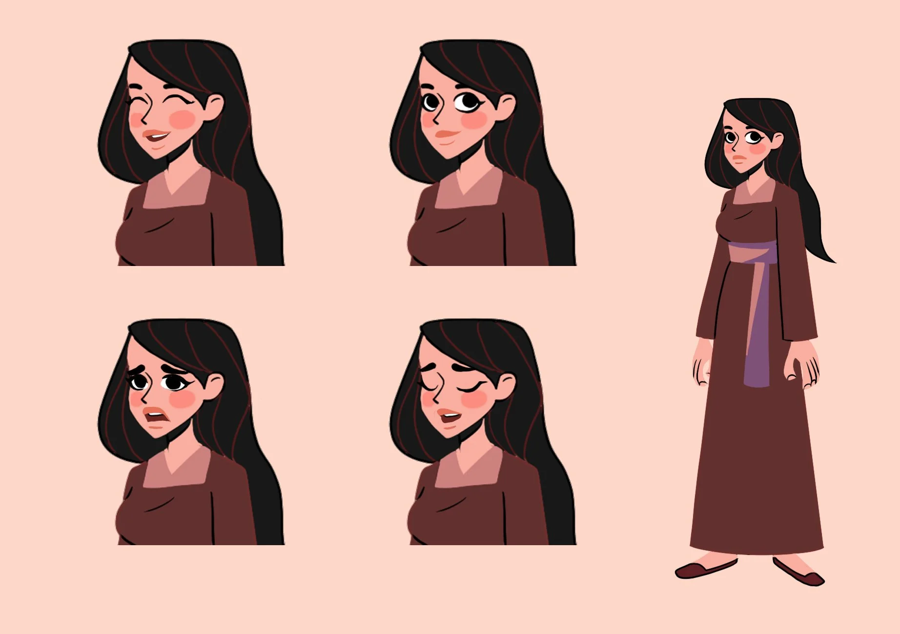 Animated woman with black hair and a brown kimono displaying six different facial expressions, standing next to a full-body version of herself with the same hair and kimono against a pink background.