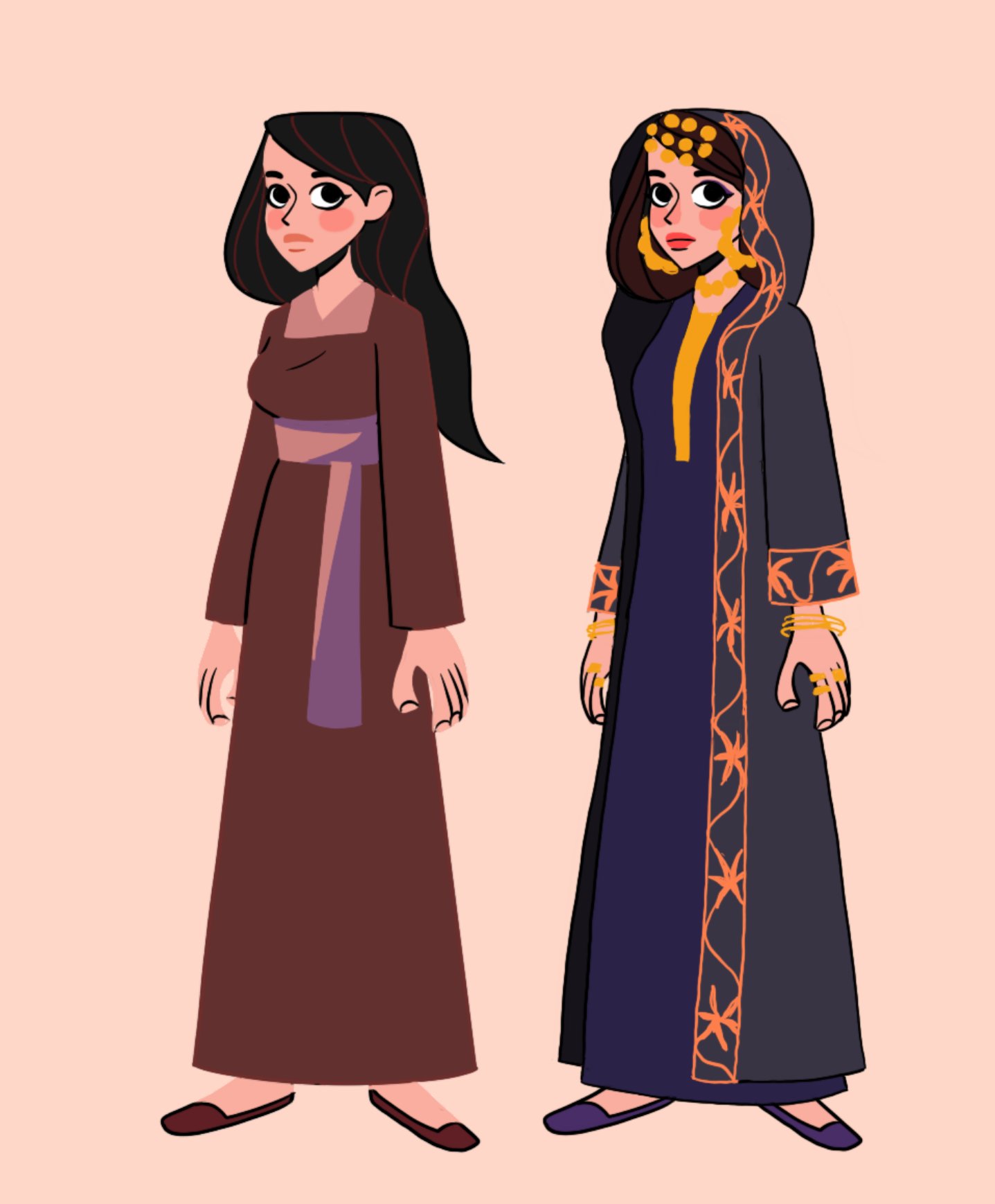 Digital illustration of two women standing side by side against a light pink background, wearing long dresses and modest clothing with intricate details and accessories.