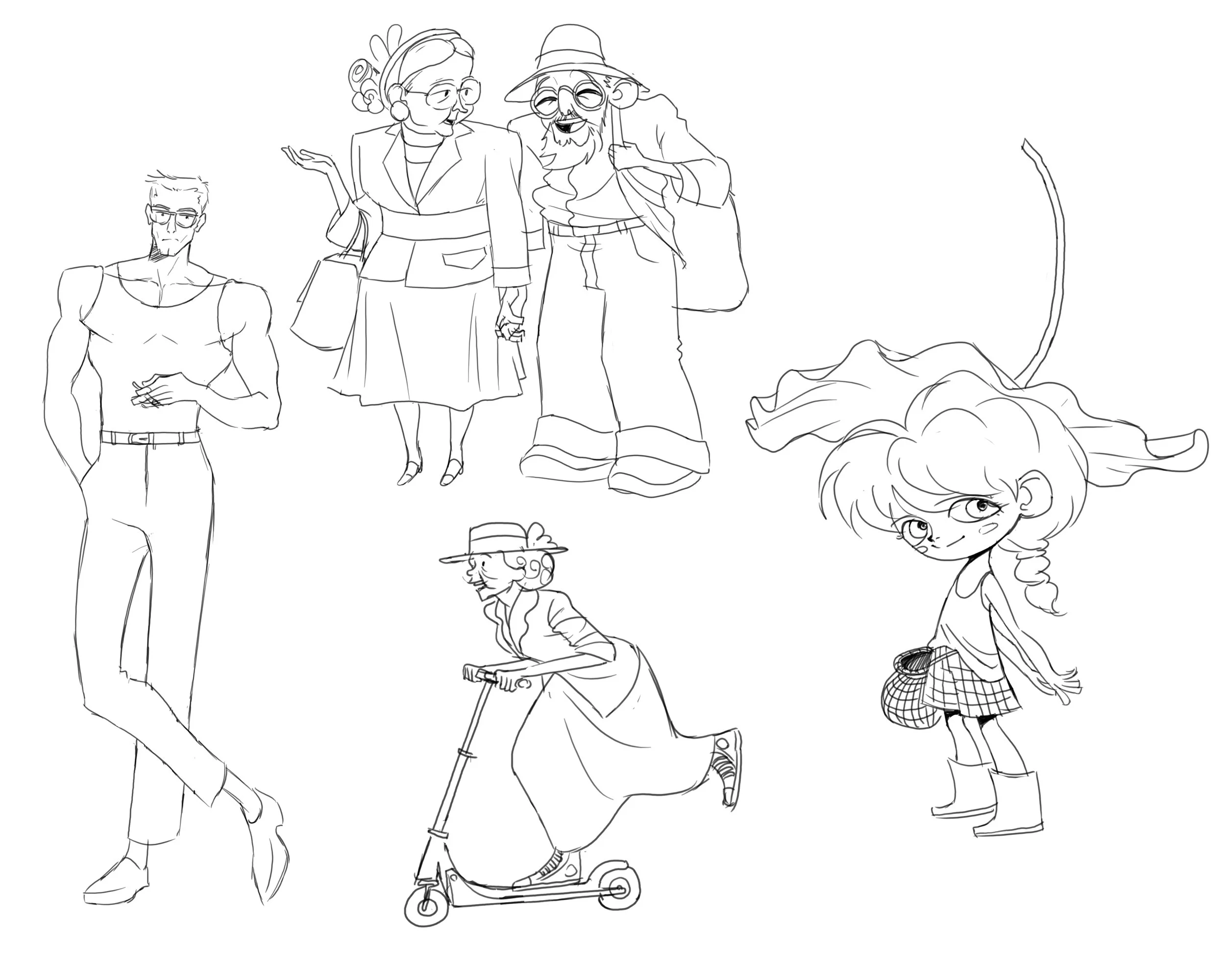 Line drawing of five diverse characters, including a woman with glasses and a woman with curly hair, a man with a beard and hat, a person on a scooter, and a young girl with glasses, standing together.