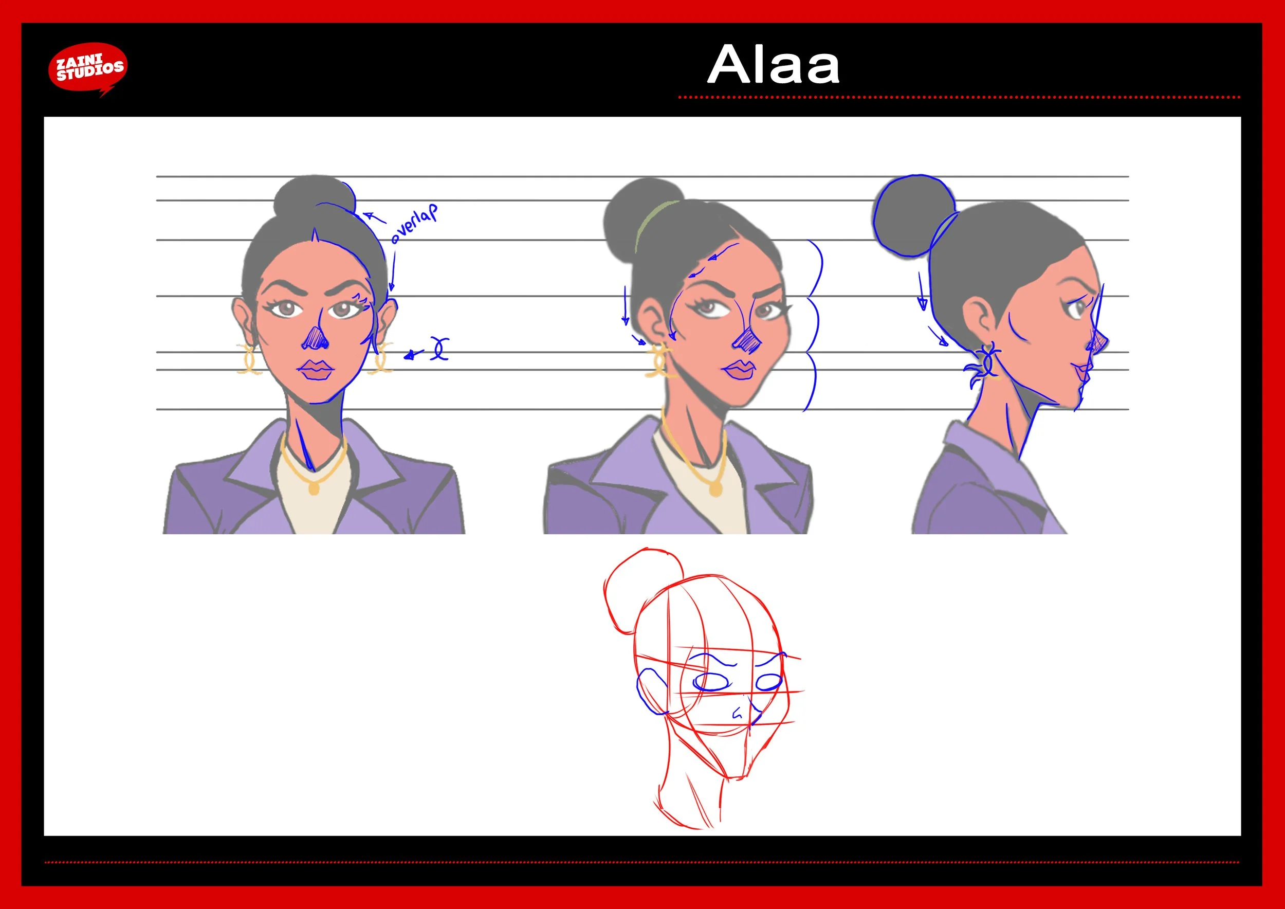 Illustration of a woman with dark hair in a bun, wearing earrings, and a blazer, shown from three angles: front, side, and back, with notes and lines for drawing or designing.
