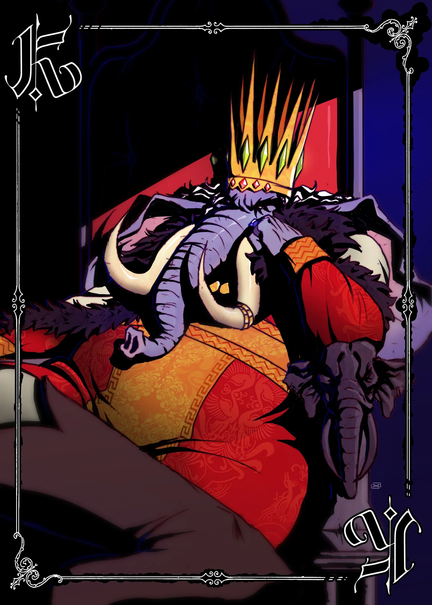 A dark illustration of a king with a crown, sitting on a throne, with an elephant tusk necklace and a dark fur cloak, in a fantasy style.