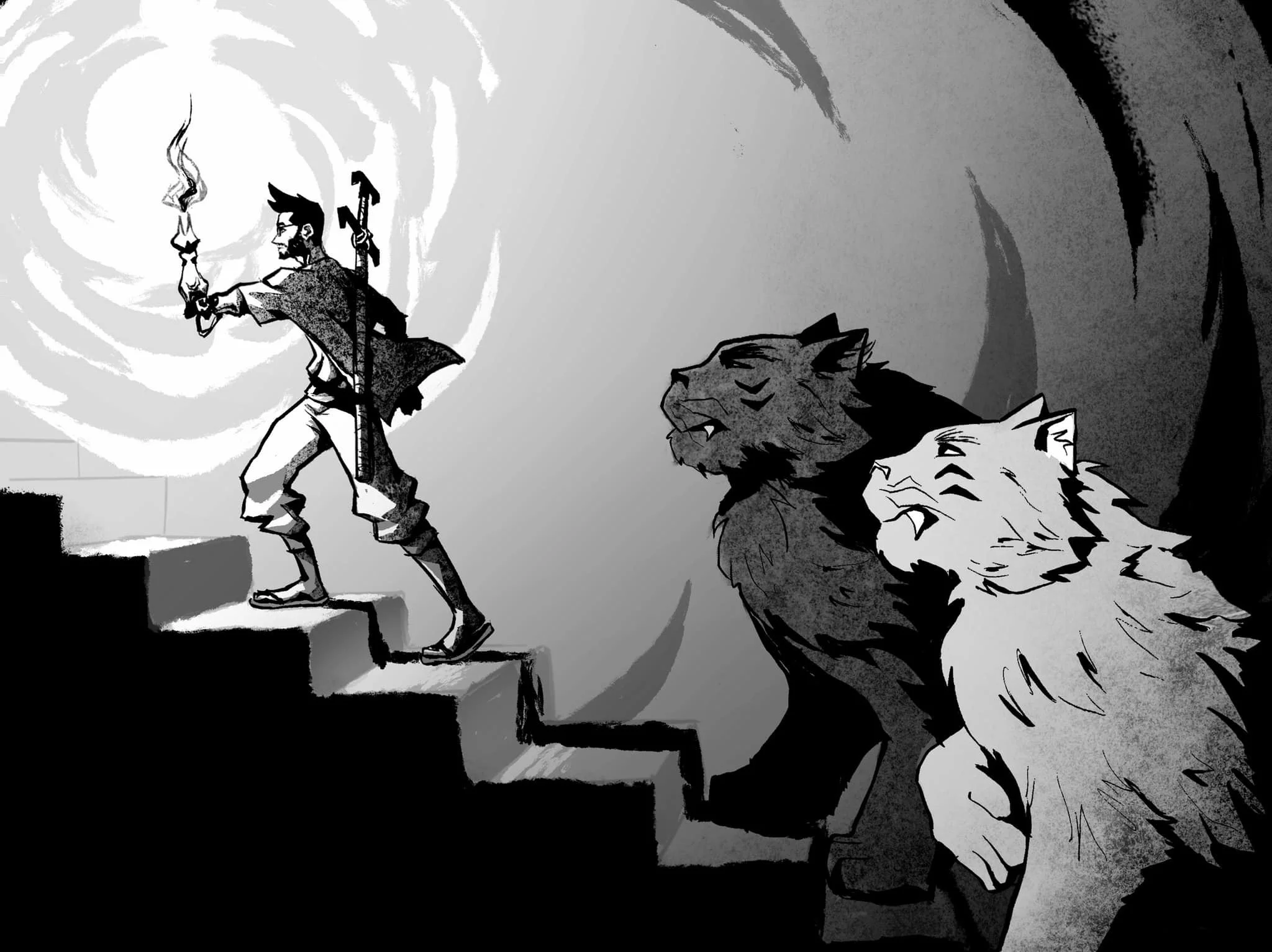A black and white drawing of a person walking up stairs with a sword on their back, accompanied by a large, detailed lion's face in the foreground.