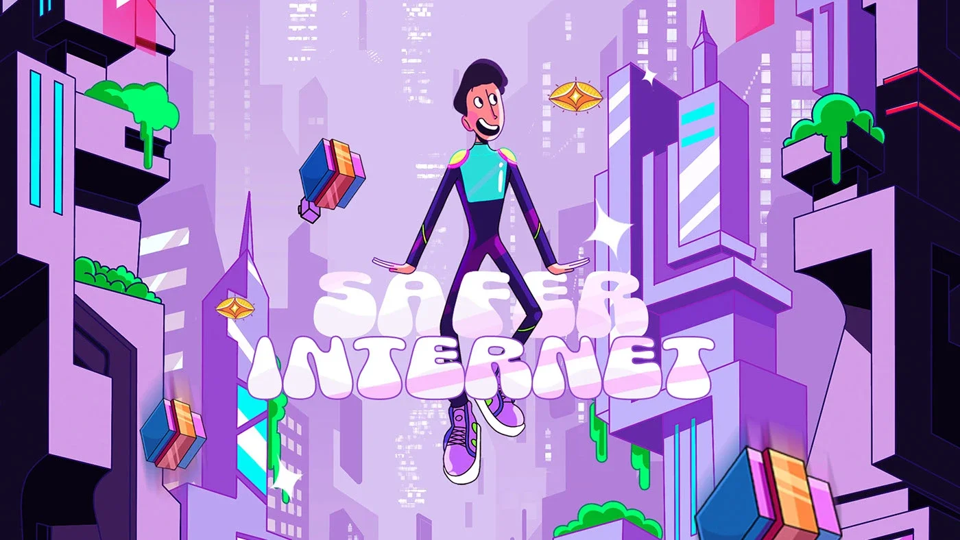A cartoon-style digital illustration showing a futuristic cityscape with tall buildings, some with green plants and water features, in shades of purple, black, and blue. In the center, a smiling animated person with dark hair, wearing a futuristic outfit and sneakers, floats with arms outstretched. Beneath them, the words "SAFER INTERNET" are written in bold, white, cloud-like letters.