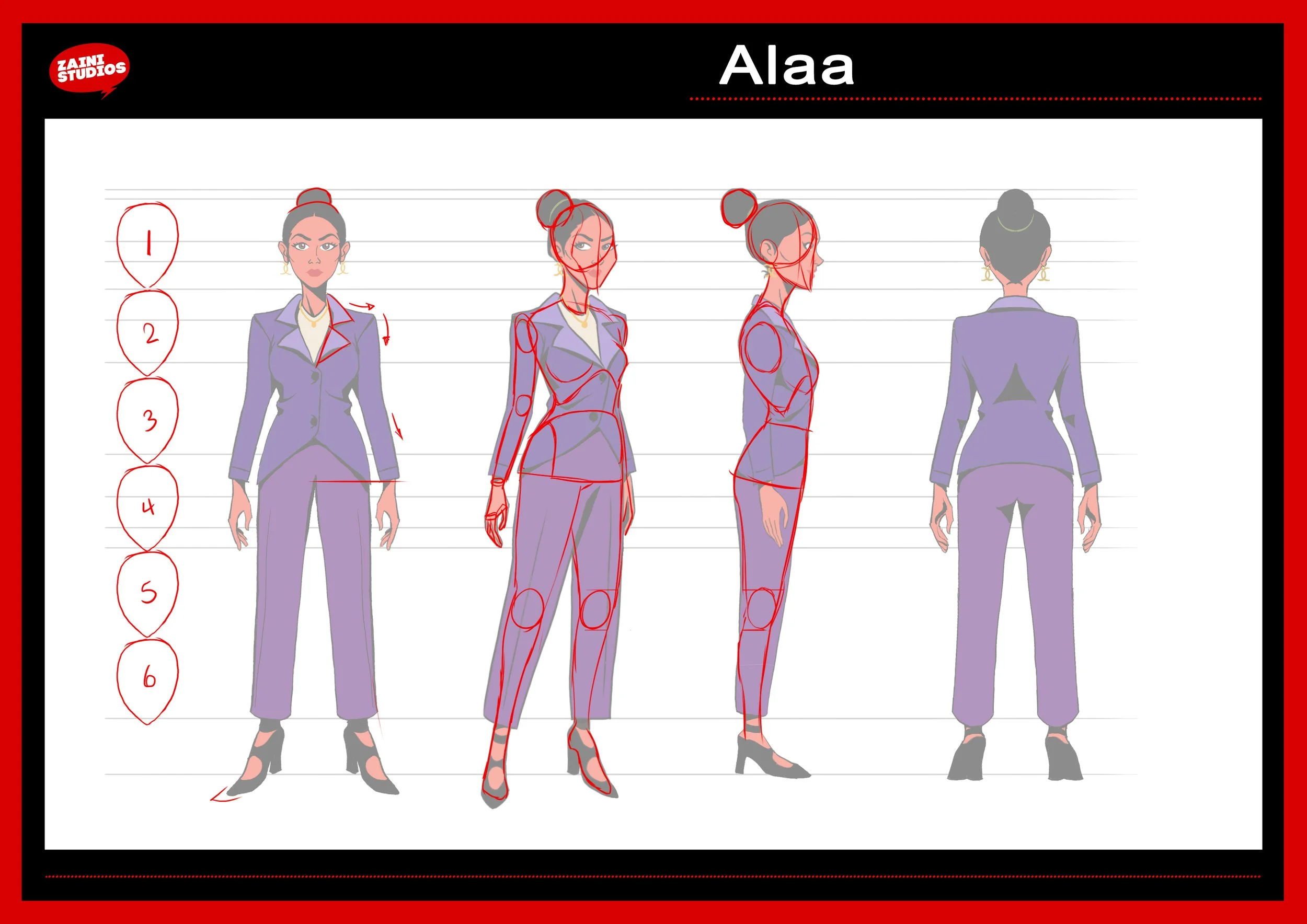 A fashion illustration showing the front, side, and back view of a woman in a tailored suit with a jacket and wide-legged pants, with red outline guides overlaid.