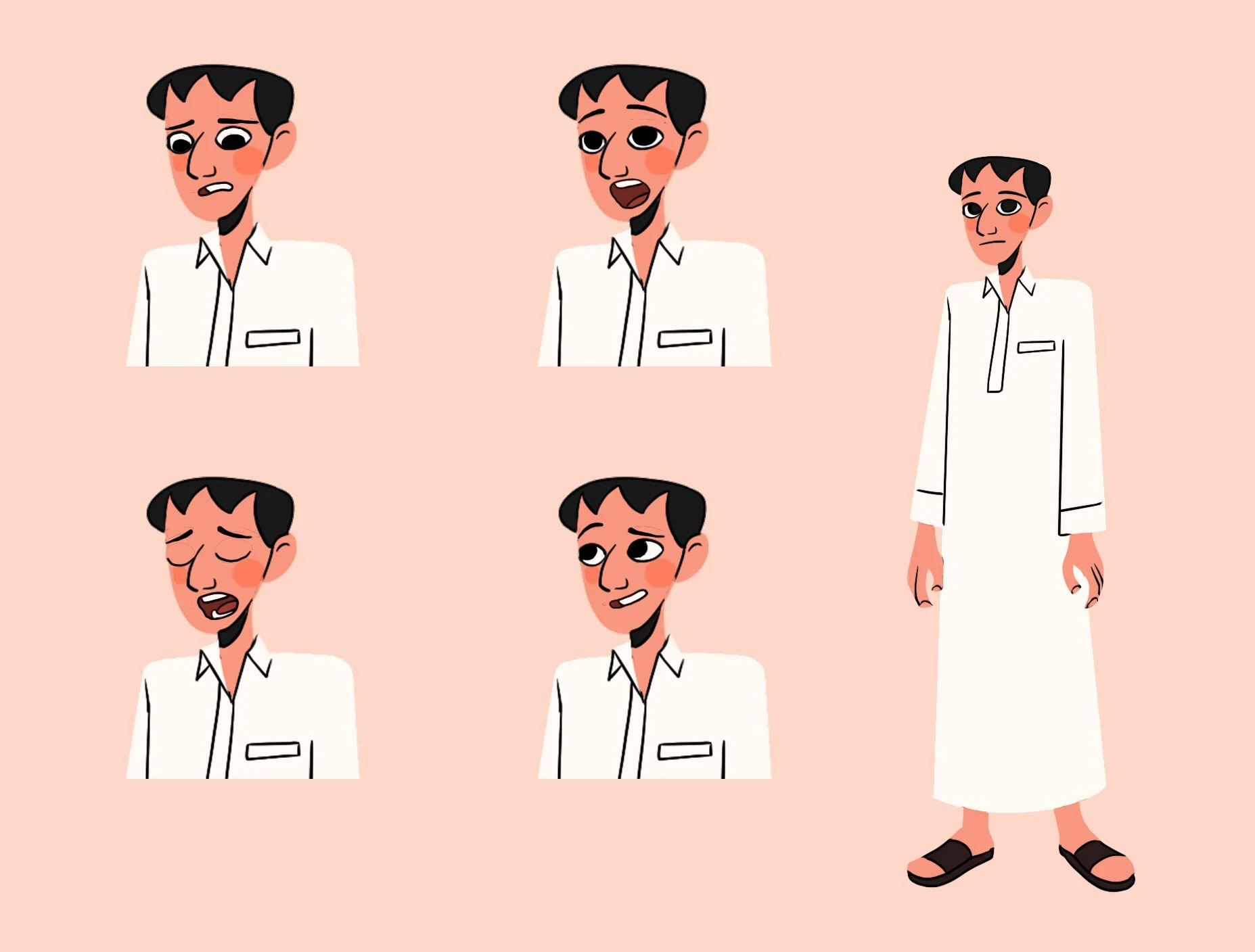 A cartoon drawing showing a male character in a white shirt with different facial expressions of sadness, surprise, and worry, depicted in various poses, against a light pink background.