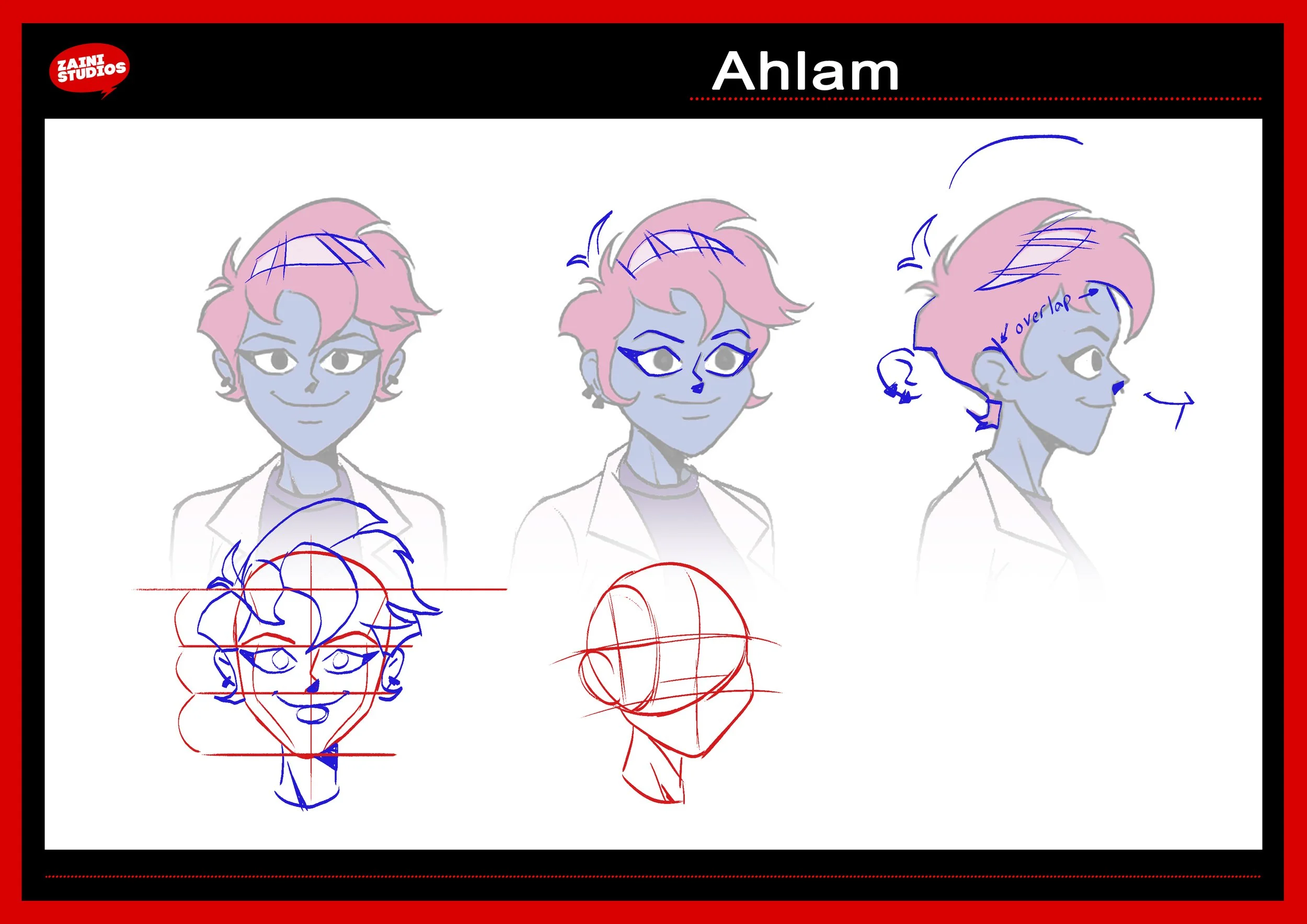 A character drawing tutorial for a young person with pink hair, featuring step-by-step sketches in red and blue lines showing the construction and details of the character's face and hair, with annotations for layering and outlining.