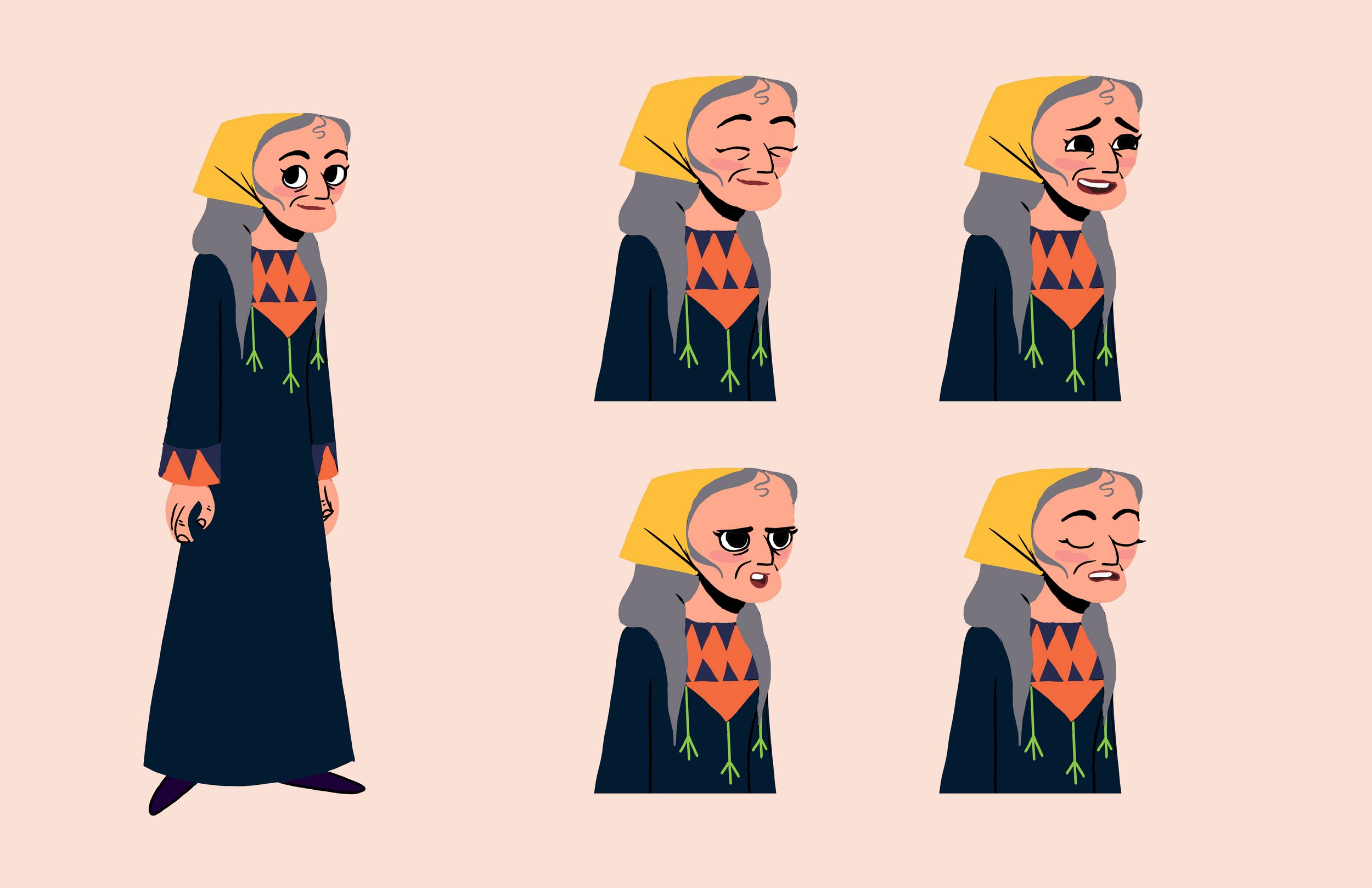 Illustration of an elderly woman with various facial expressions, wearing a dark dress with colorful geometric patterns and a yellow headscarf.