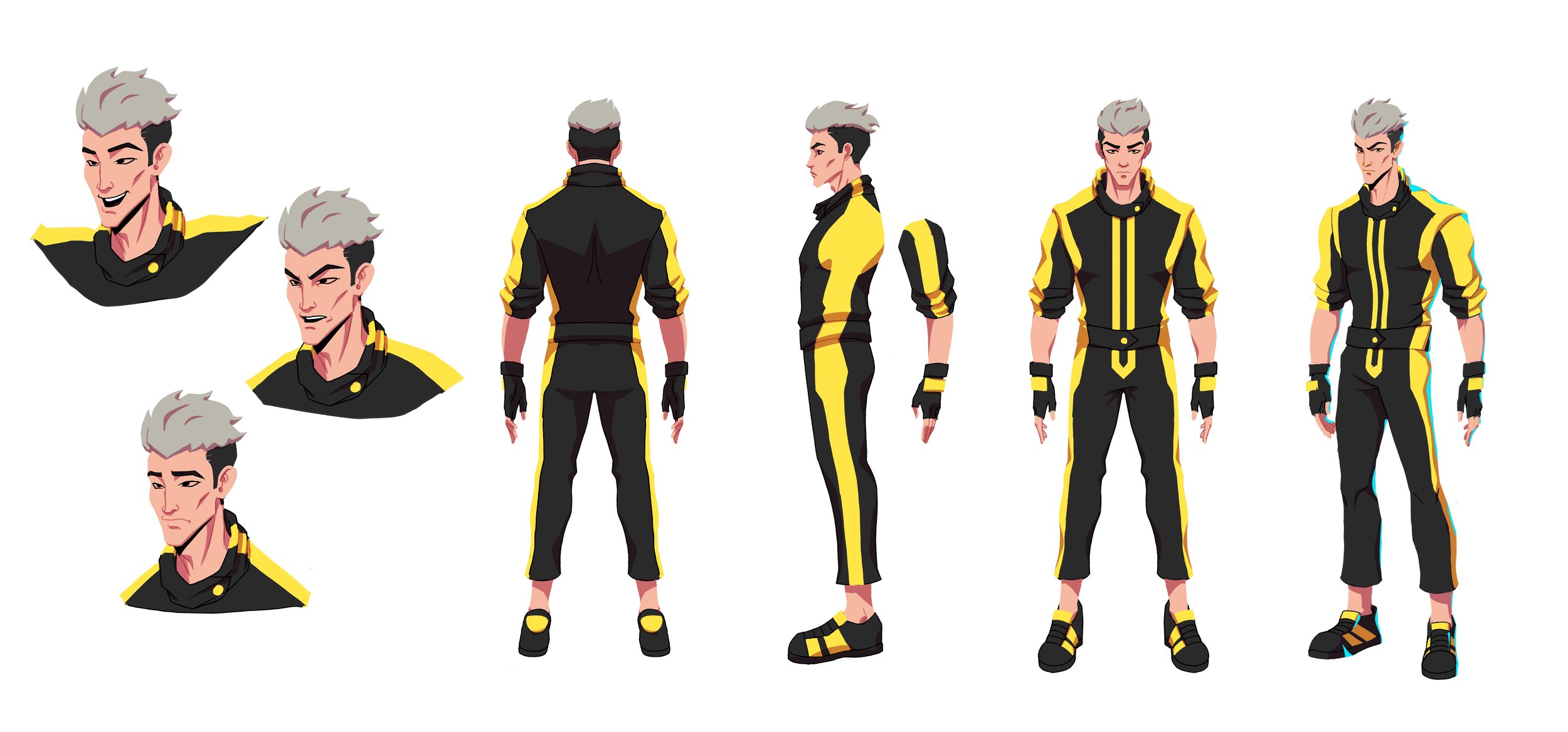 Character design sheet of a male character with short, spiky gray hair, wearing a black and yellow futuristic jumpsuit with matching gloves and shoes, showcasing different angles and facial expressions.