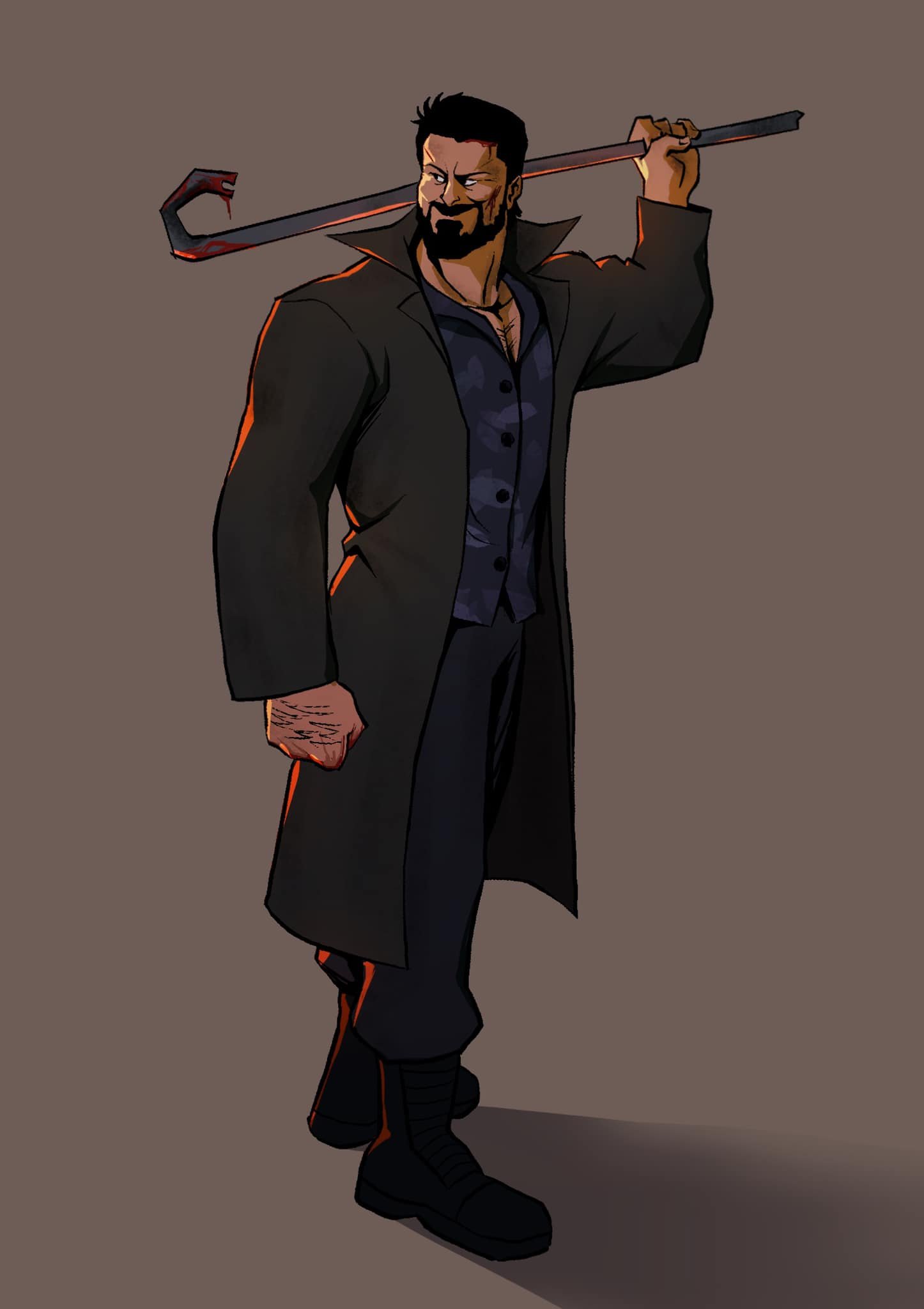 A cartoon man with dark hair, a beard, and a stern expression, dressed in black, holding a bloodstained crowbar over his shoulder, standing against a plain gray background.