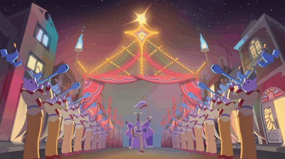 Fictional parade scene with a float decorated as a Christmas tree and a purple unicorn performing in the center, lined by unicorn musicians playing guitars and dressed in uniforms, in a stylized city street at night.