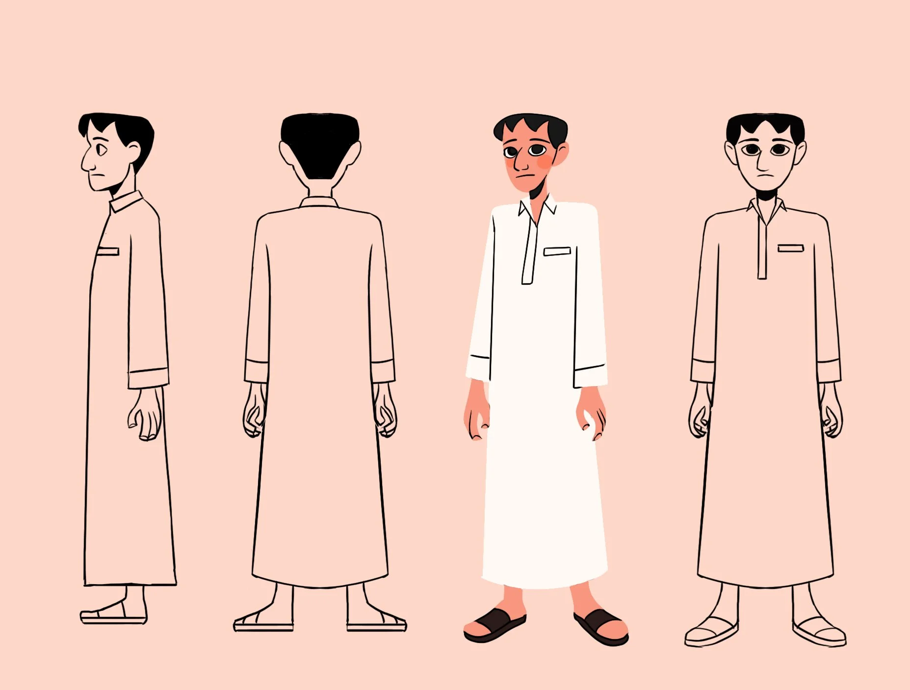 A 2D illustration of four cartoon men in traditional Middle Eastern clothing, with the second from the right shown in color. The colored man has a tan complexion, black hair, and is wearing a white thobe with black sandals. The other three men are ou