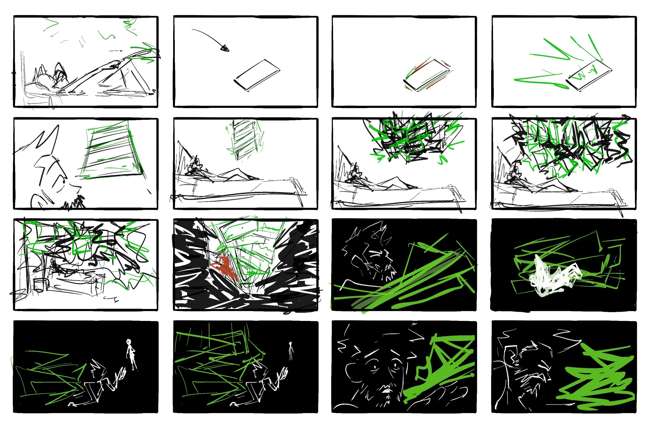 A series of storyboard sketches in black, white, and green lines depicting abstract scenes, some with human figures, objects, and dynamic motion.