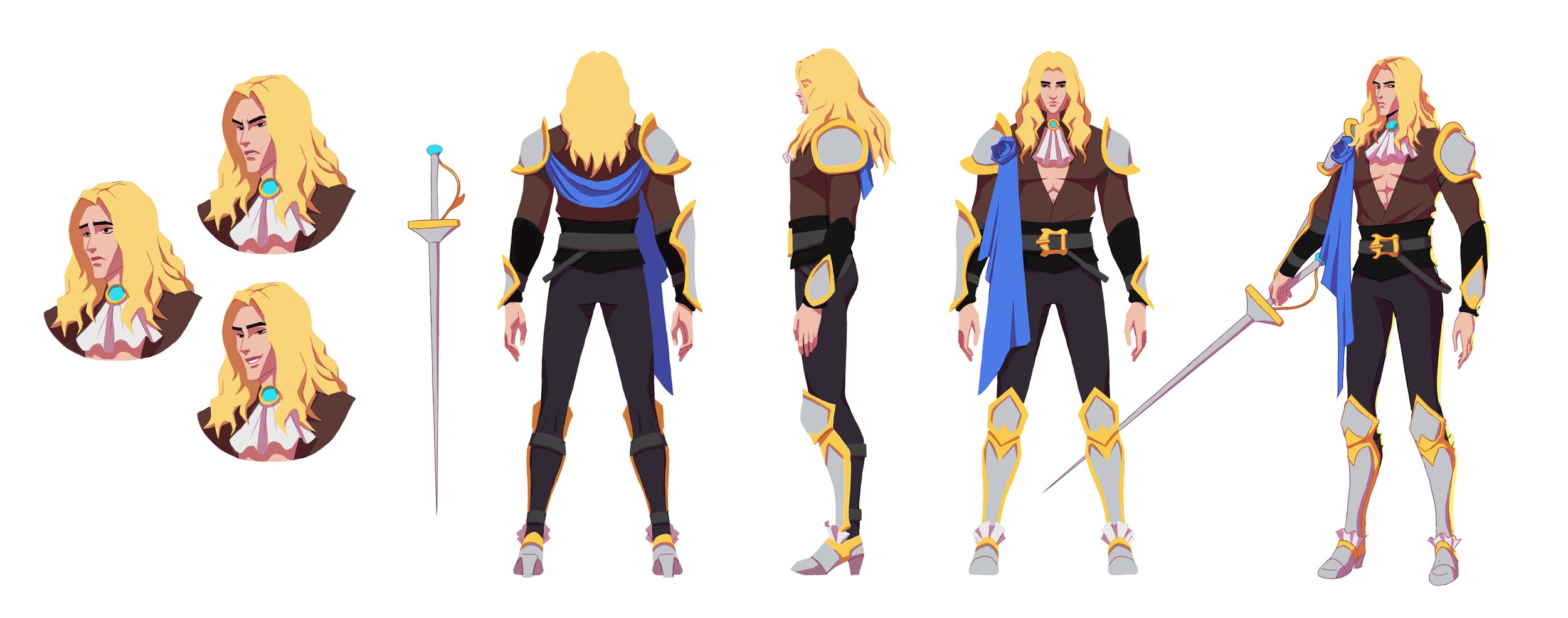 Character concept art of a blond female warrior in armor, depicted from multiple angles, holding a sword, with a confident and intense expression.
