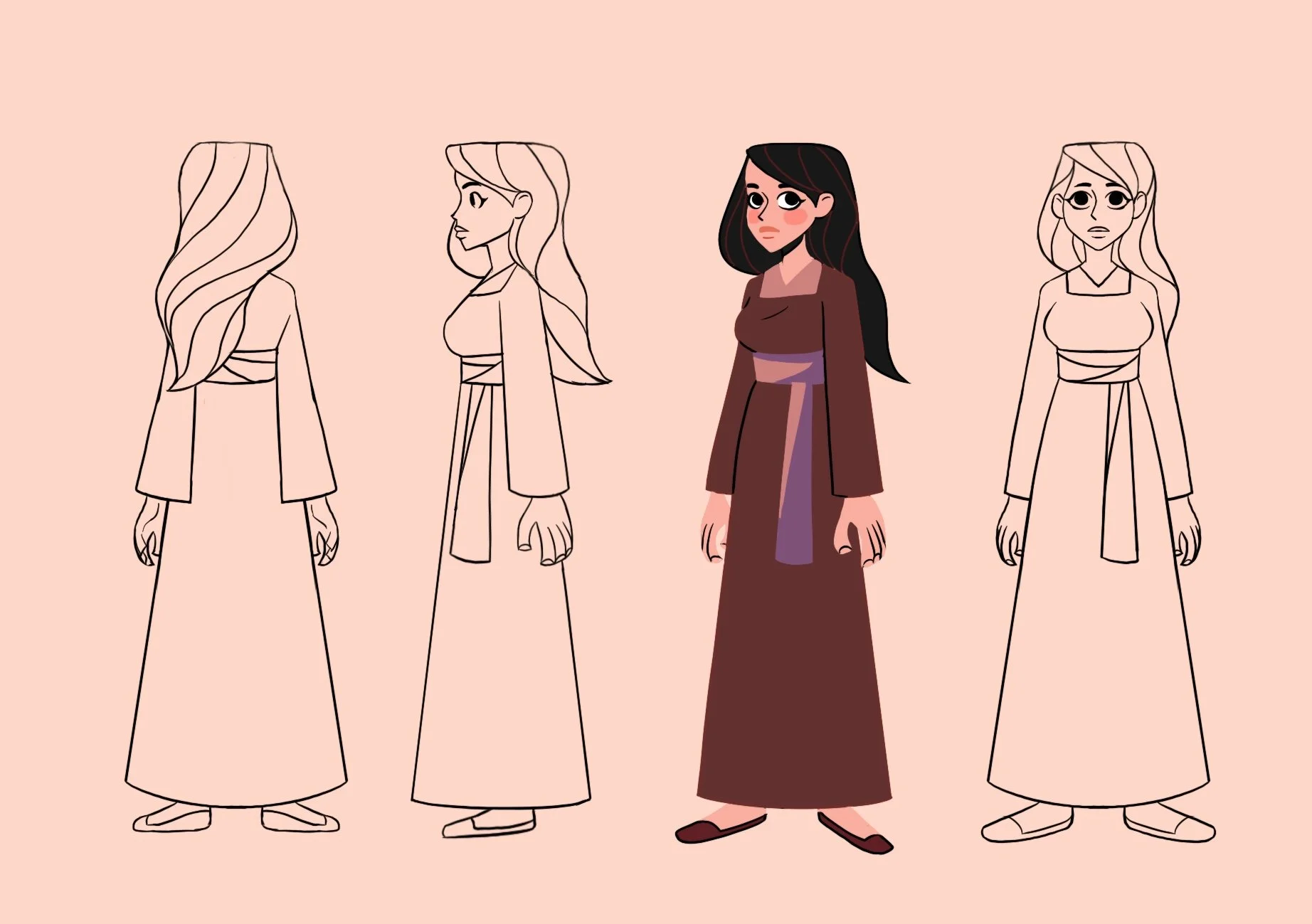 The image features five illustrations of a woman, with the first, second, and fifth being line drawings, and the third, a colored illustration. The woman has long hair and is dressed in a long dress with a sash. The colored figure has black hair, a b