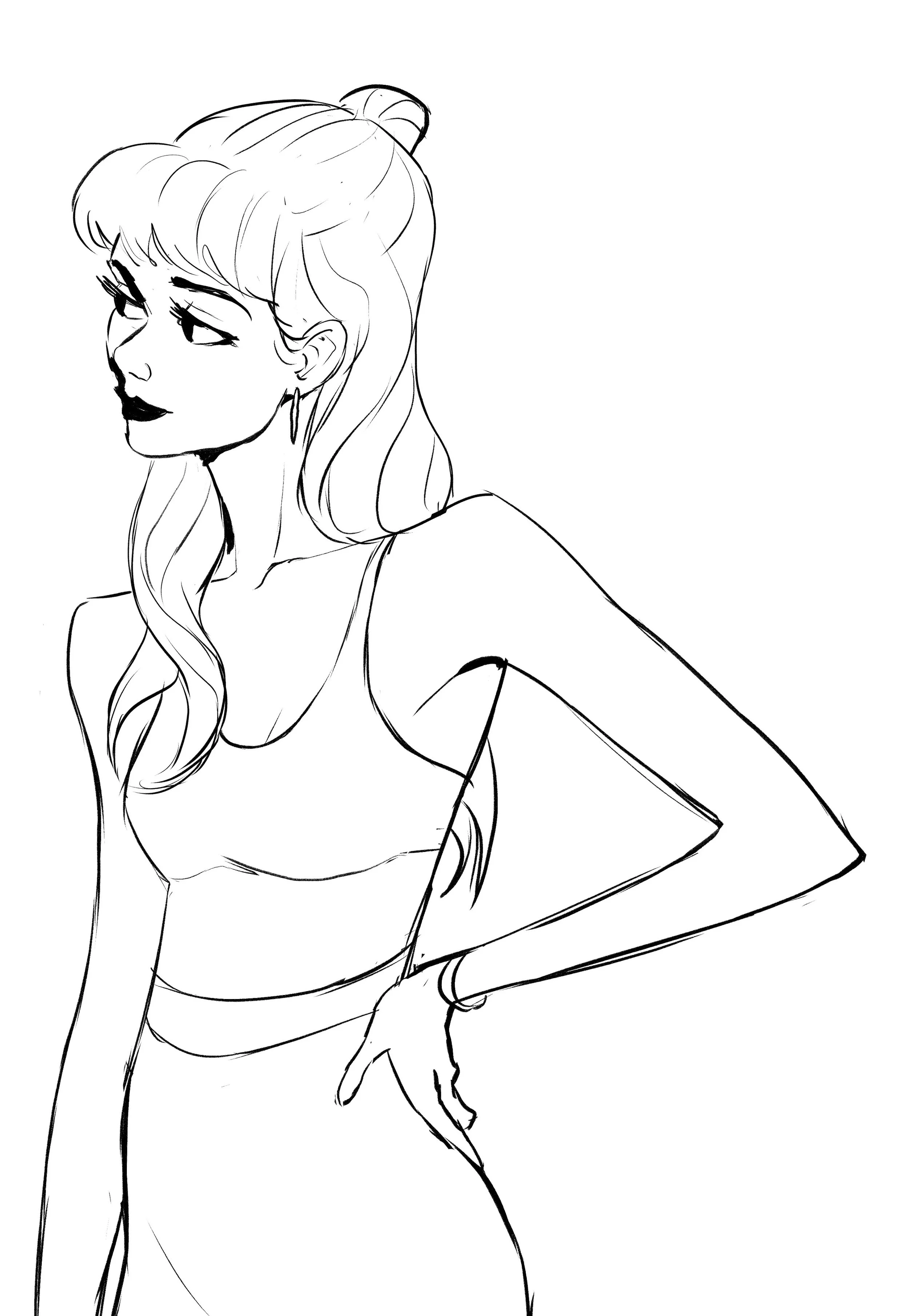 Line drawing of a woman with long hair in a ponytail, wearing a tank top, with her left arm bent and her hand resting on her hip.