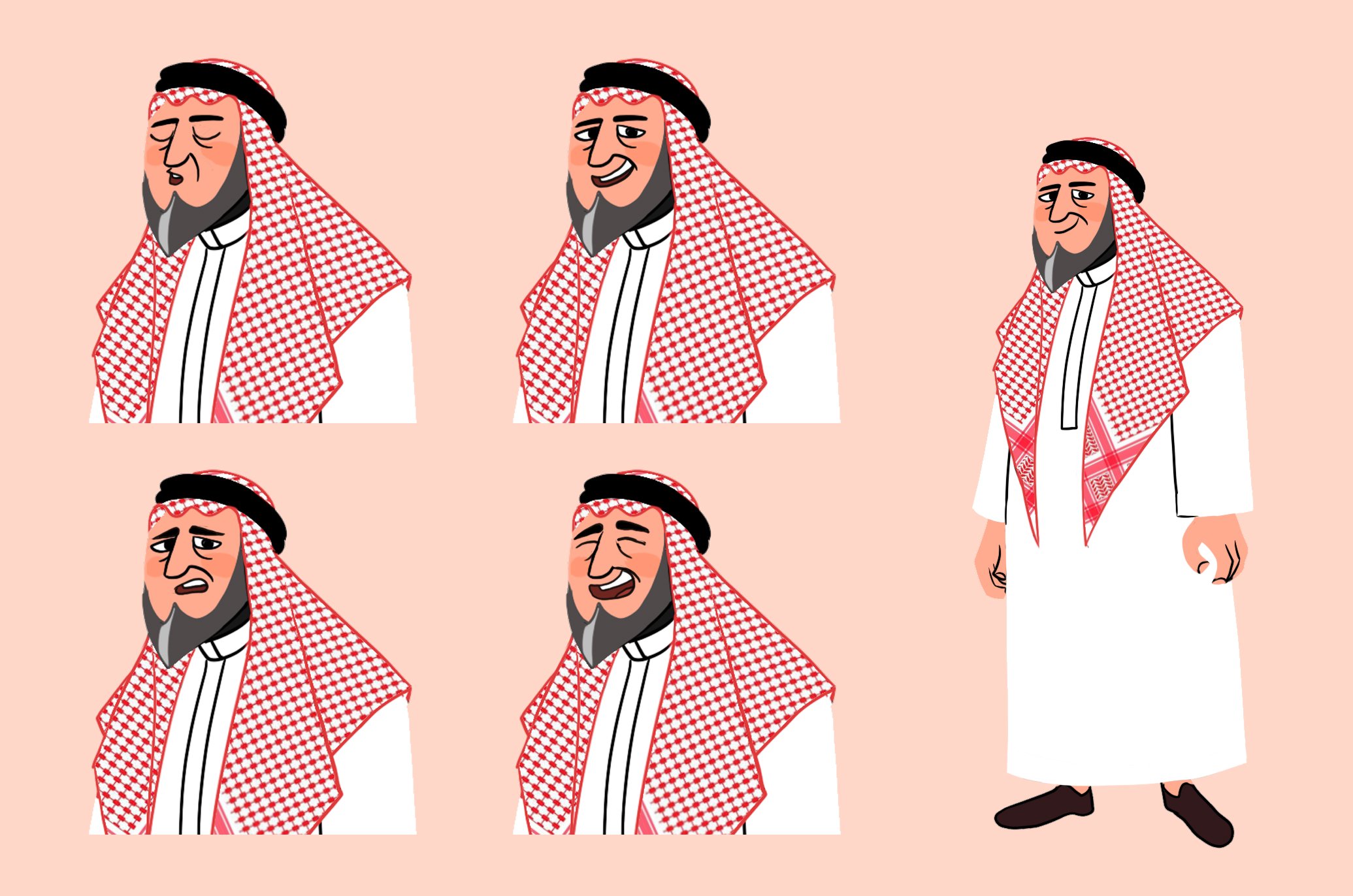 Cartoon image of a man wearing traditional Middle Eastern attire, including a red and white checkered keffiyeh and a white robe, with different facial expressions.