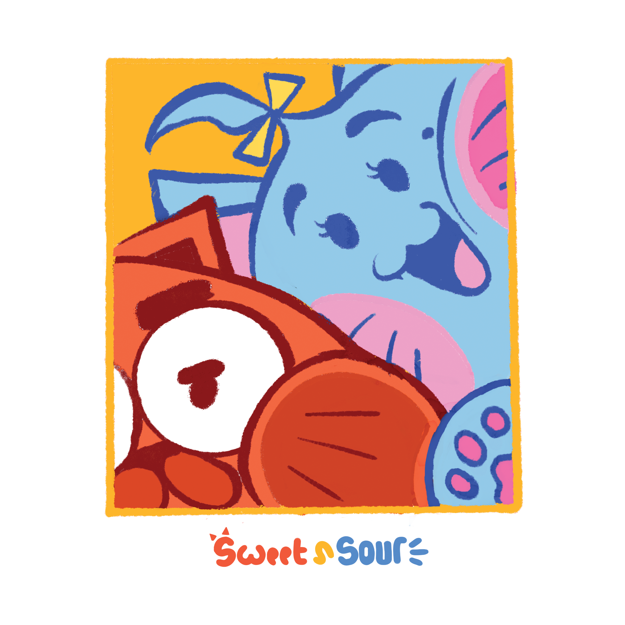 Colorful abstract artwork featuring various shapes, swirls, and patterns in bright colors like orange, pink, blue, and yellow.